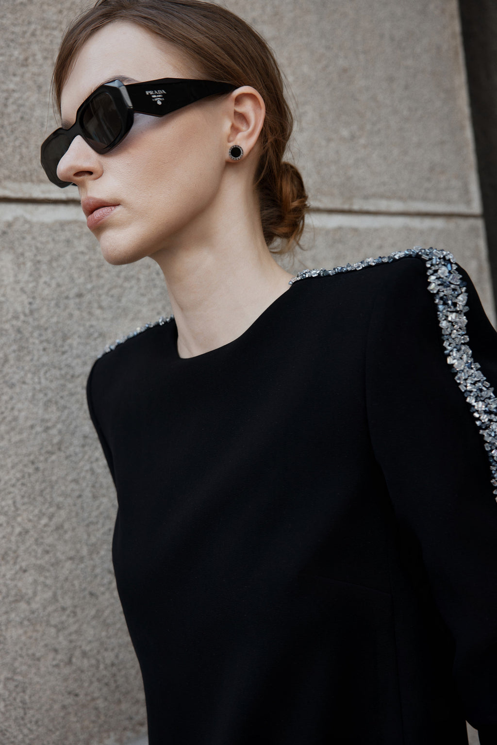 Long Sleeve dress with square padded shoulders and round neckline