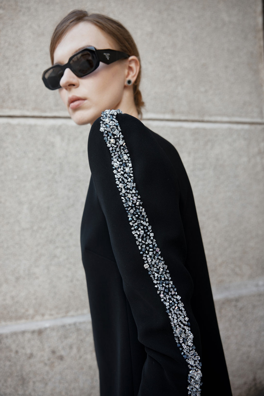 Long Sleeve dress with square padded shoulders and round neckline