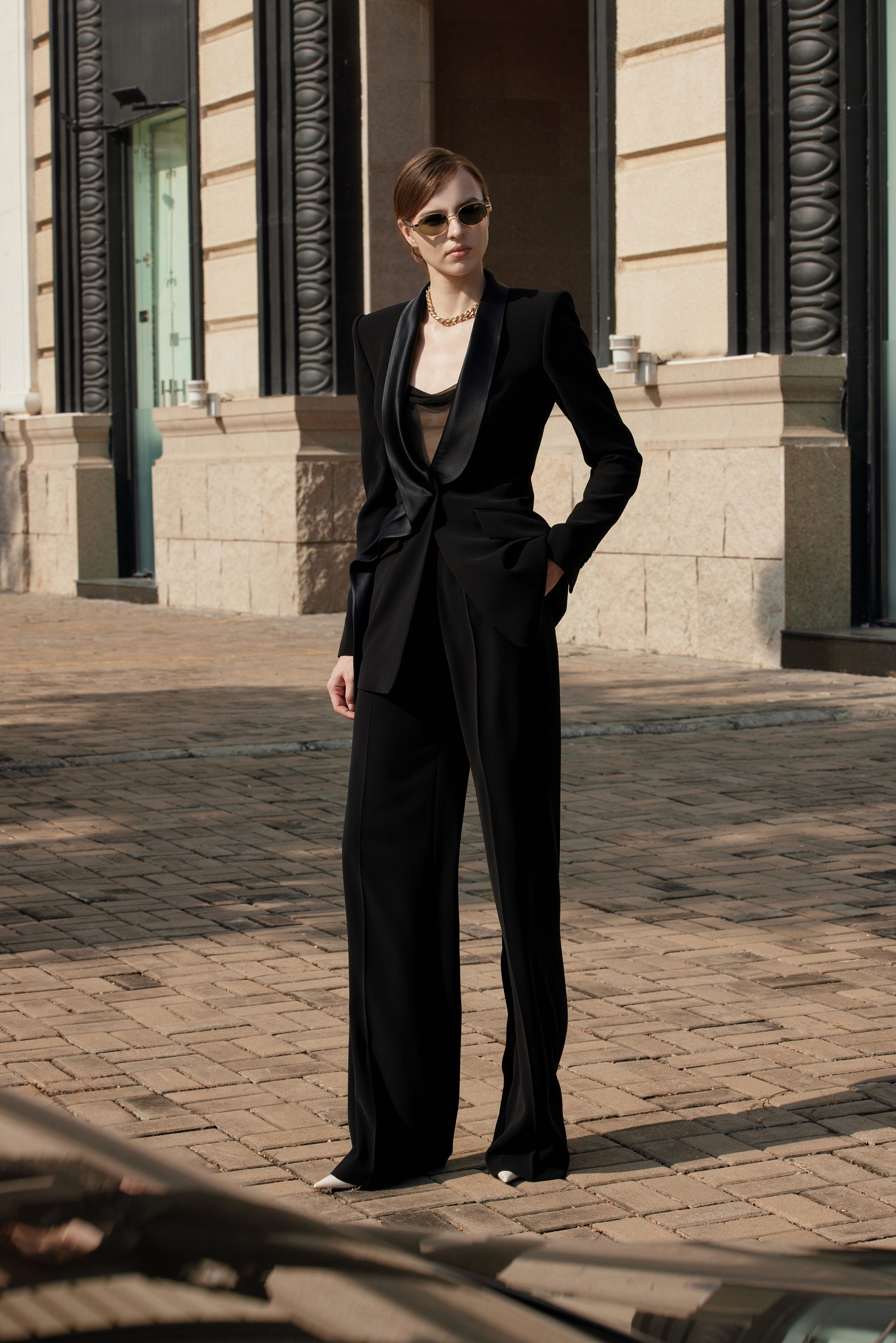 Black pleated wide leg pants