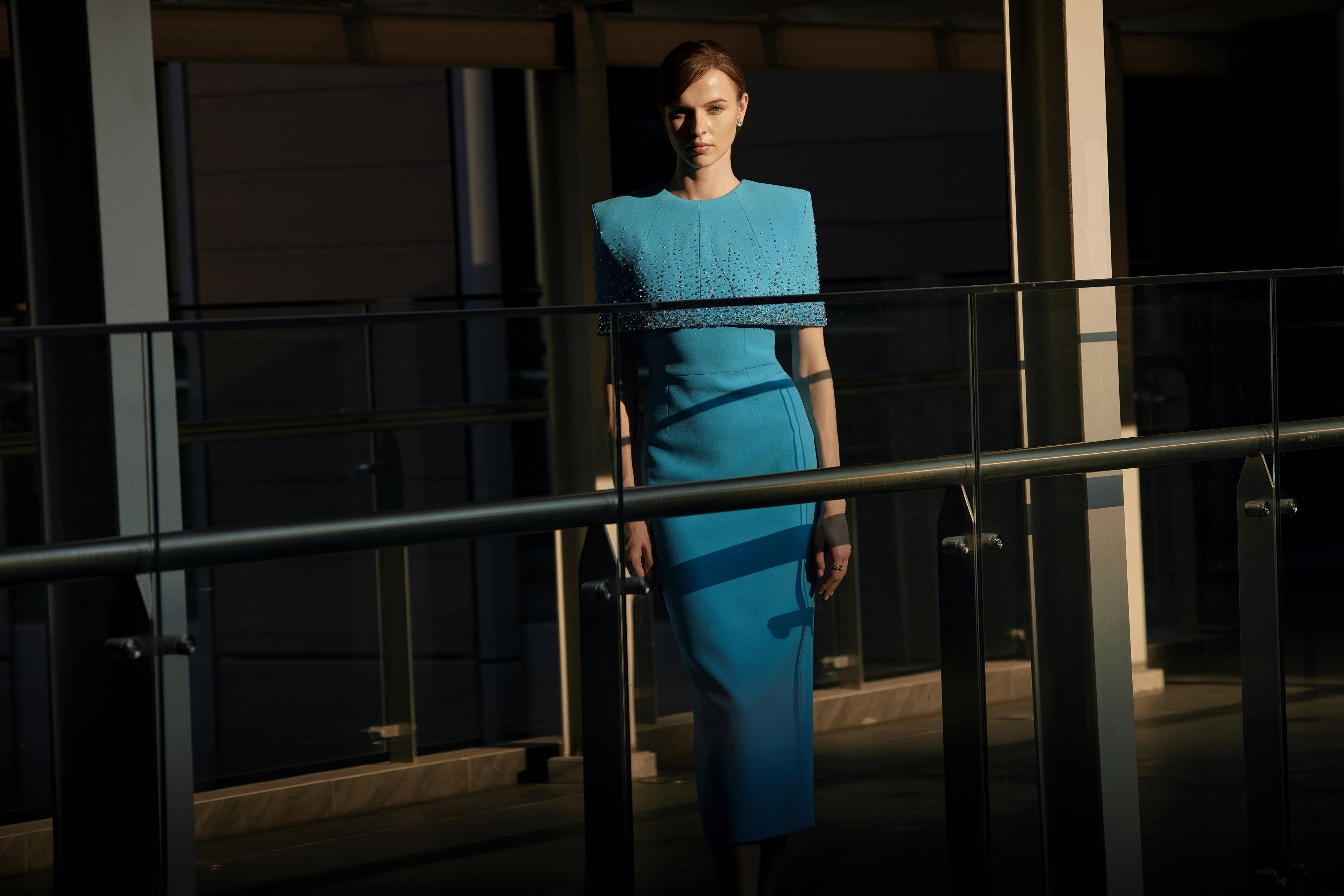 Shoulder cape with pencil shaped dress with round collar
