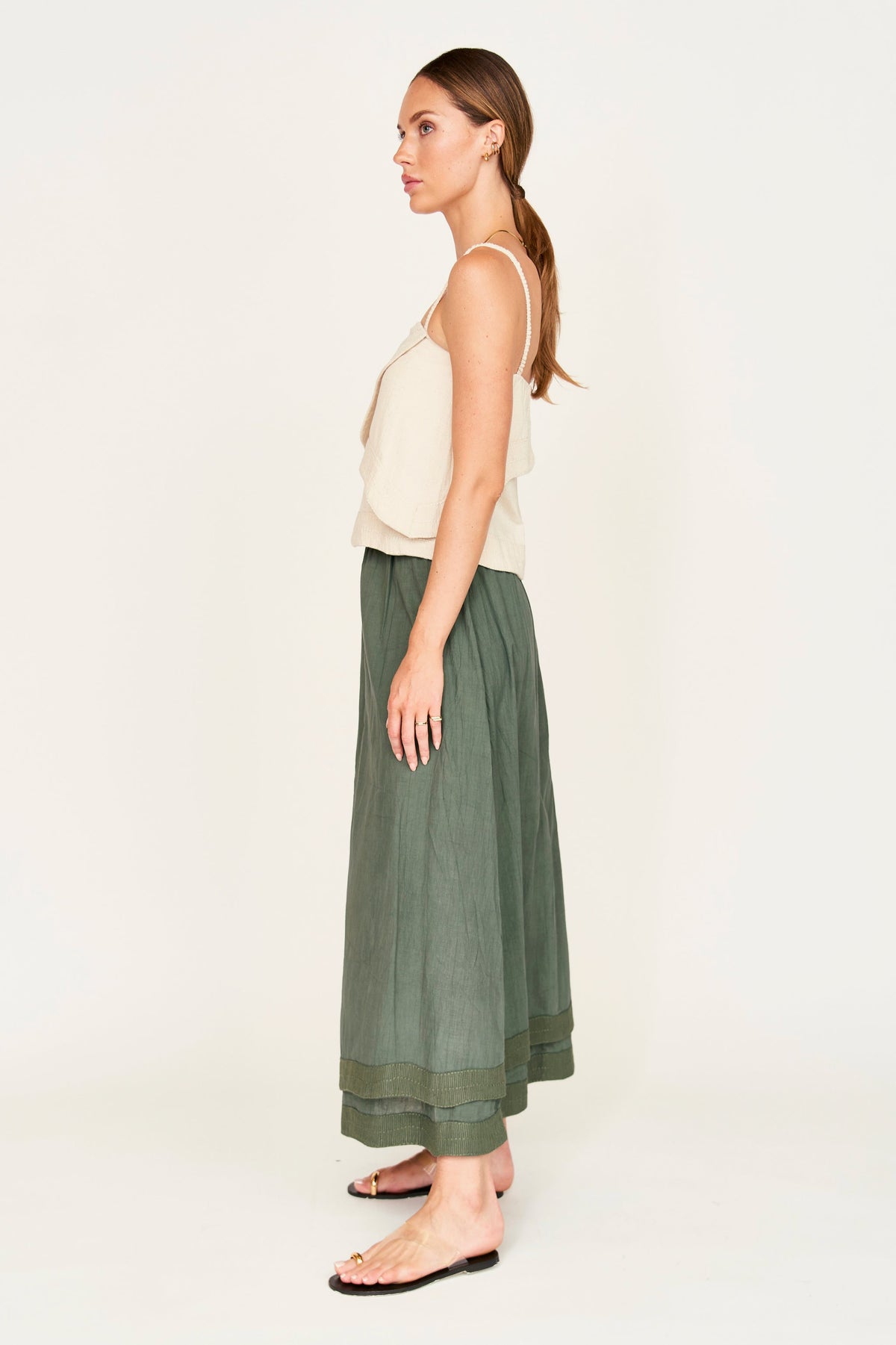 Tank in Oat Fossil linear embroidery