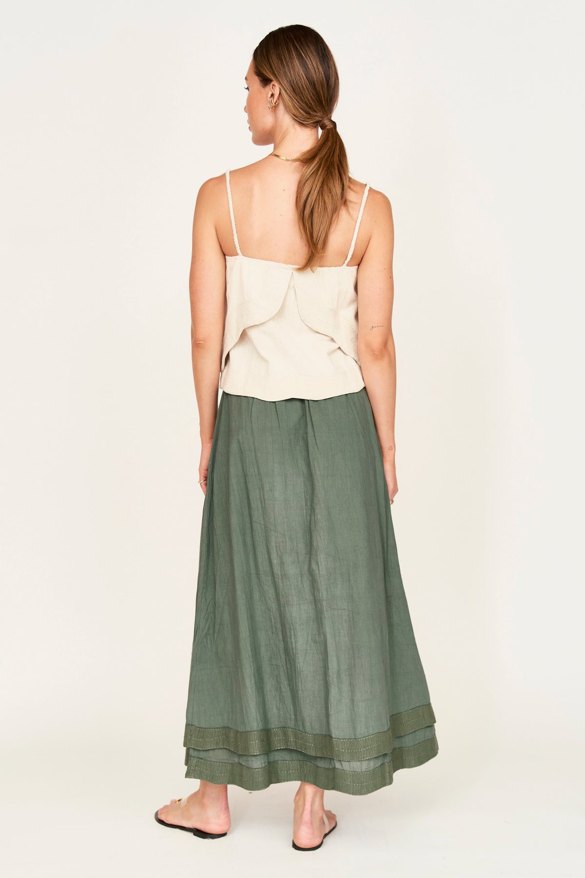 Tank in Oat Fossil linear embroidery