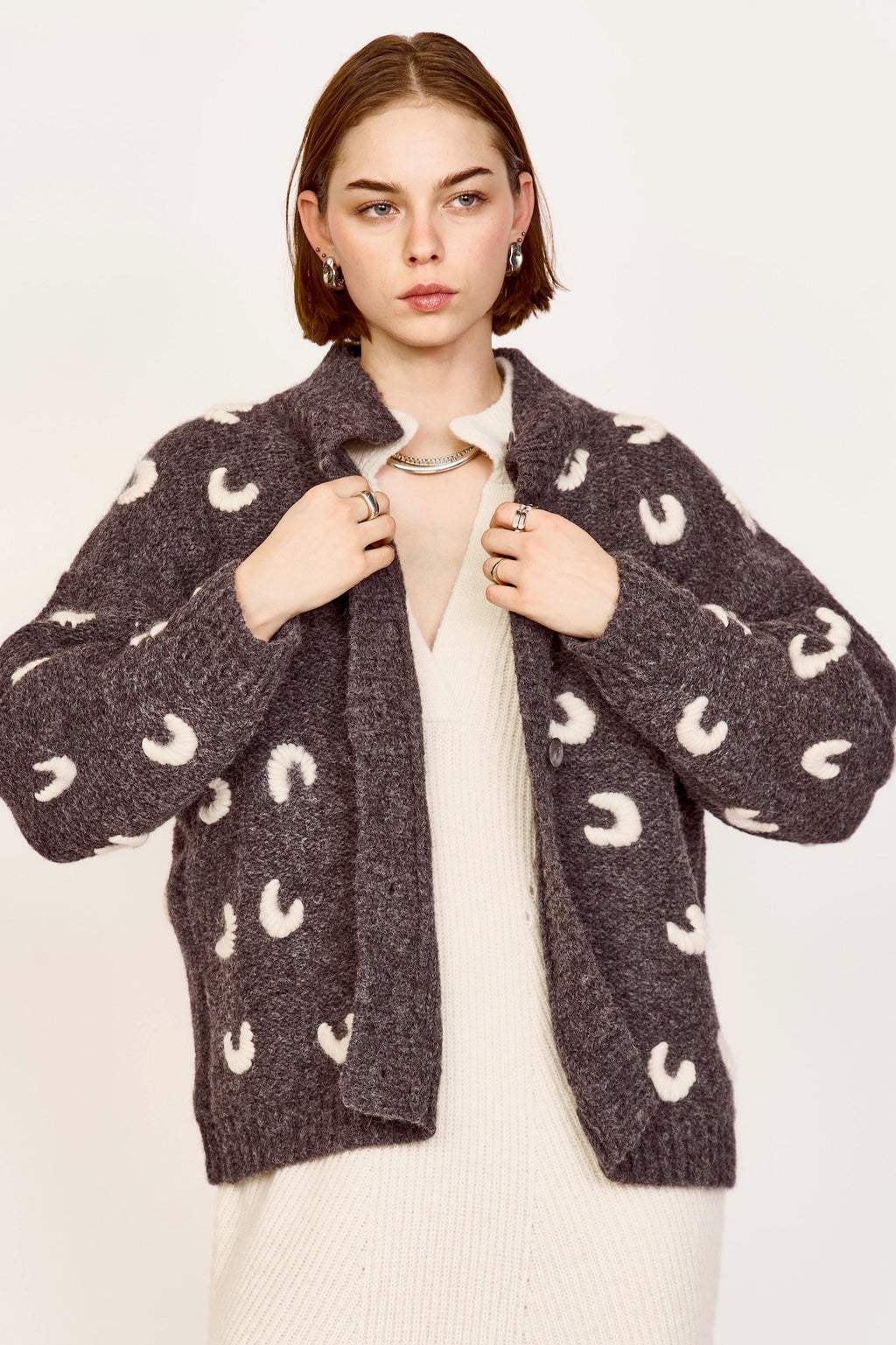 Croissant Cardigan in Slate/Ivory