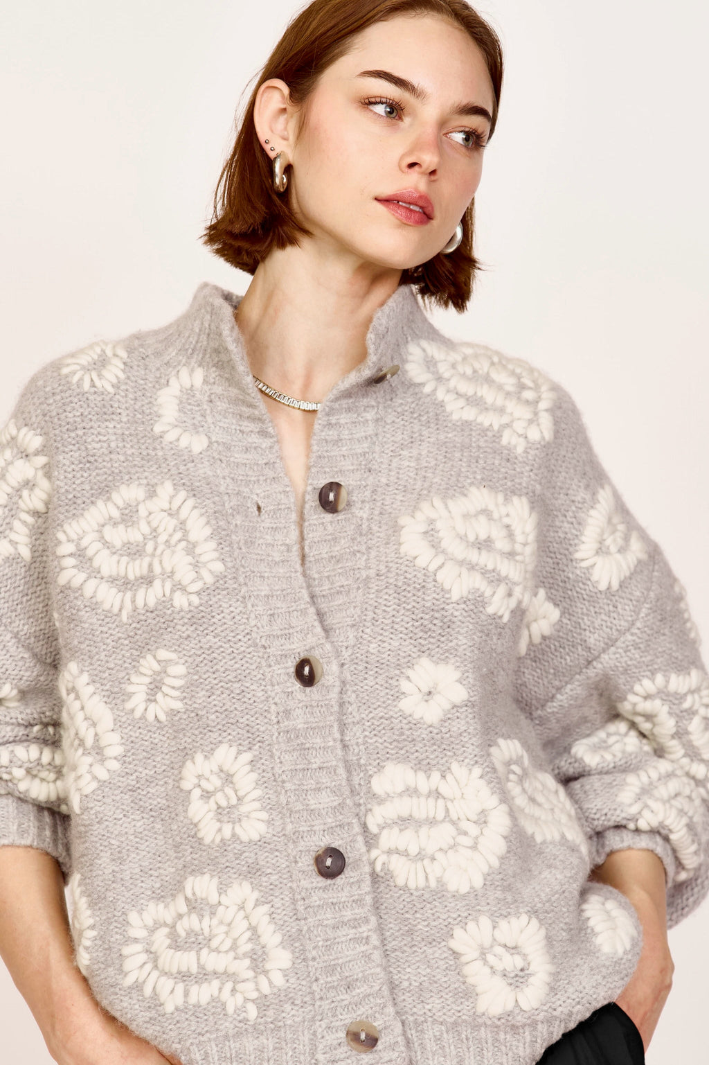 Waterlily Cardigan in Dove Grey/Ivory