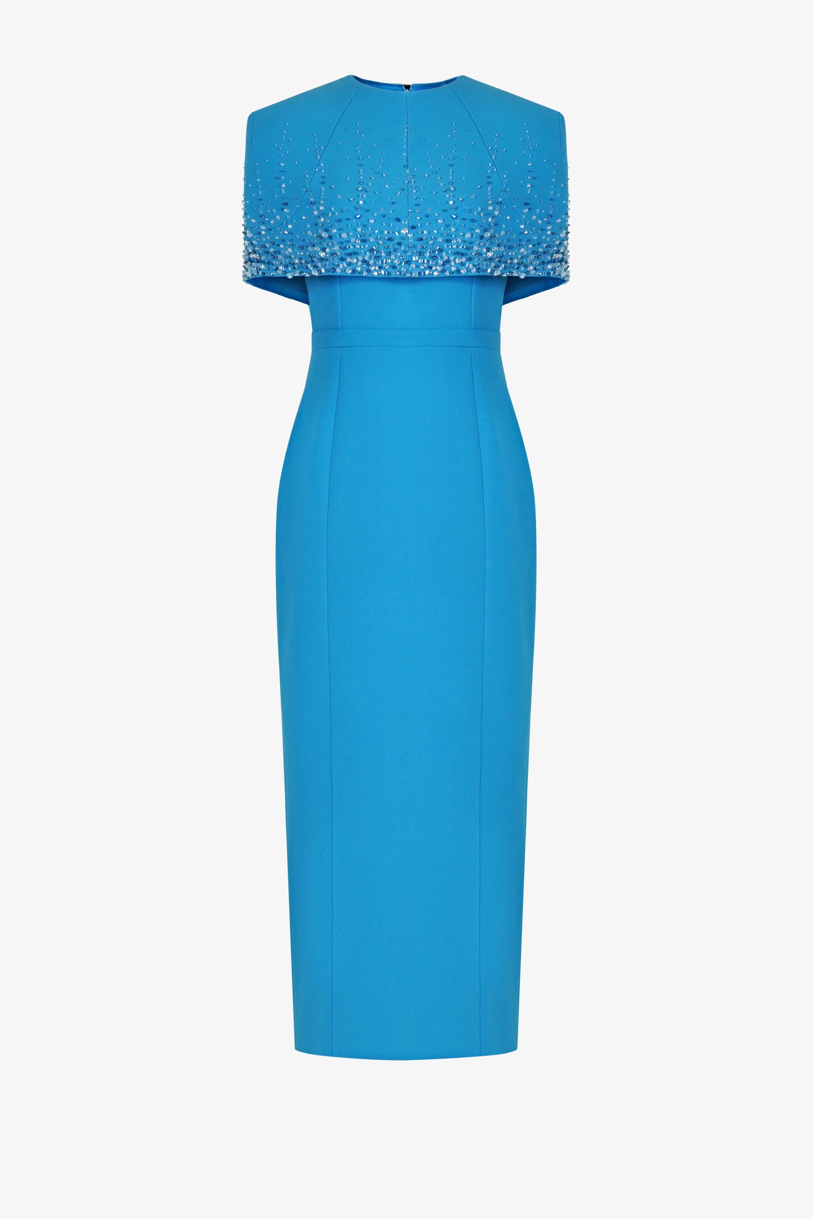Shoulder cape with pencil shaped dress with round collar