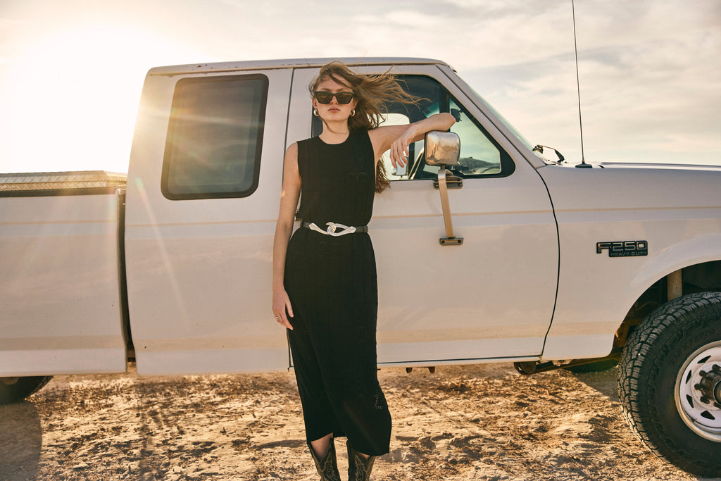 Pointelle Knit Dress in Black