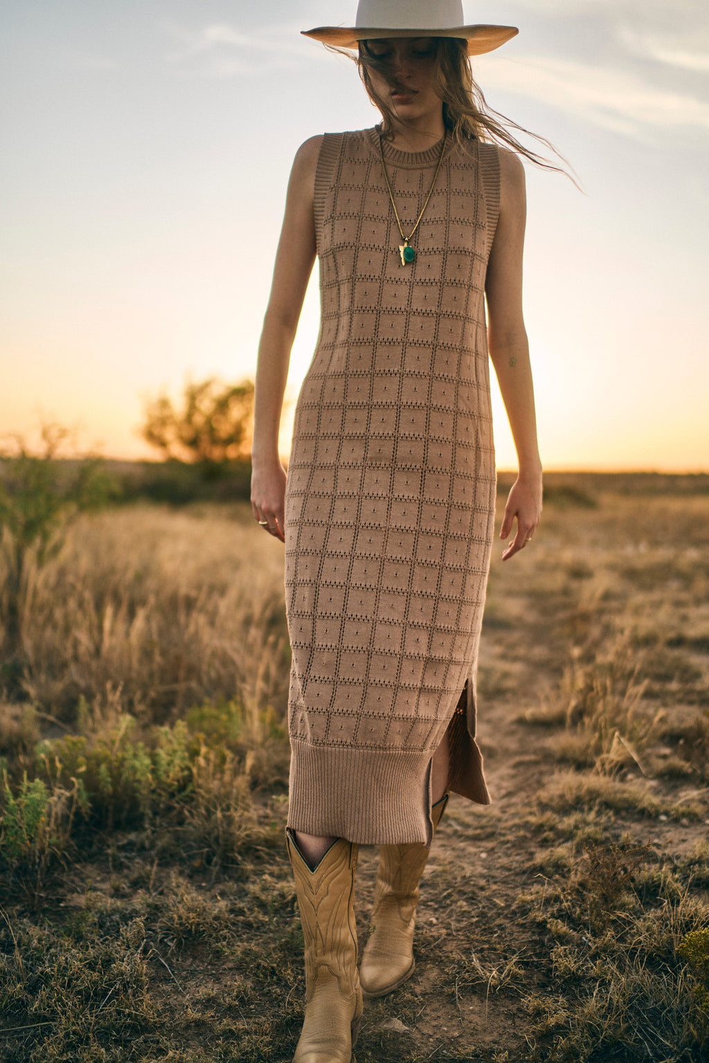 Pointelle Knit Dress in Mocha