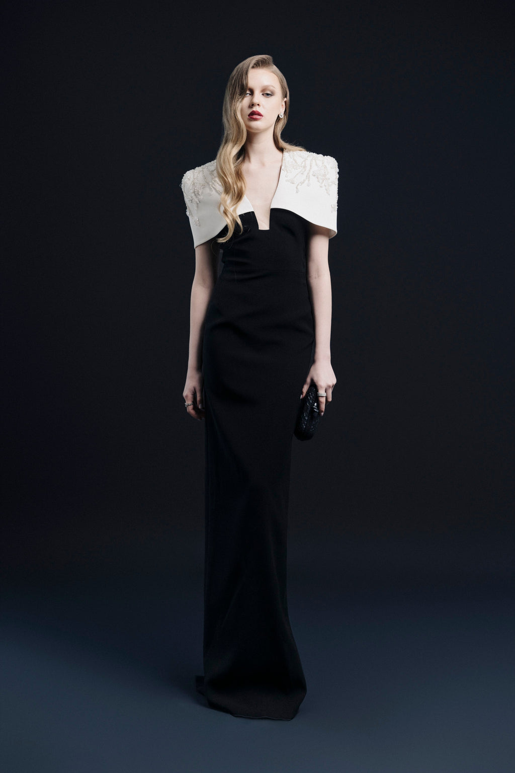 Black White Contrast Evening Gown