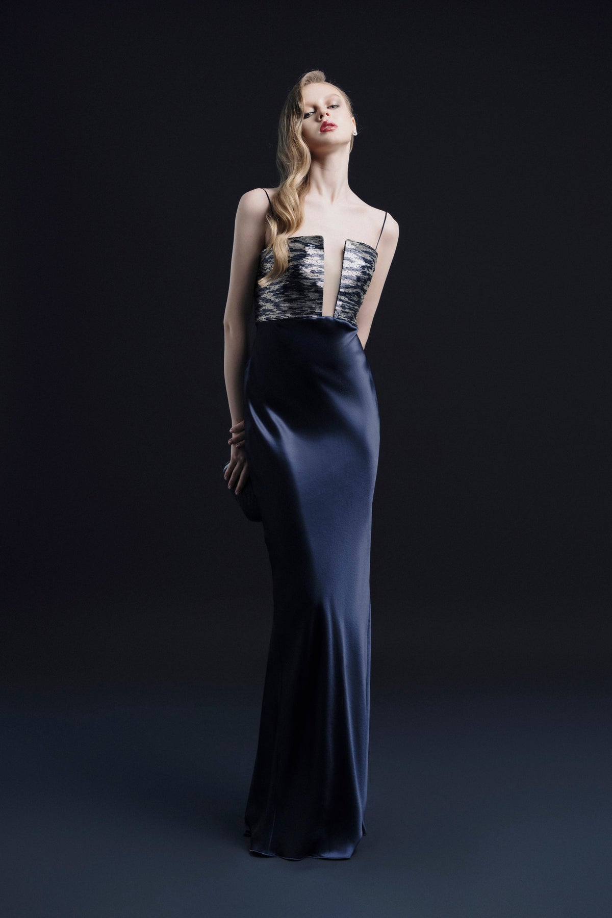 Satin Stone-Embellished Evening Gown
