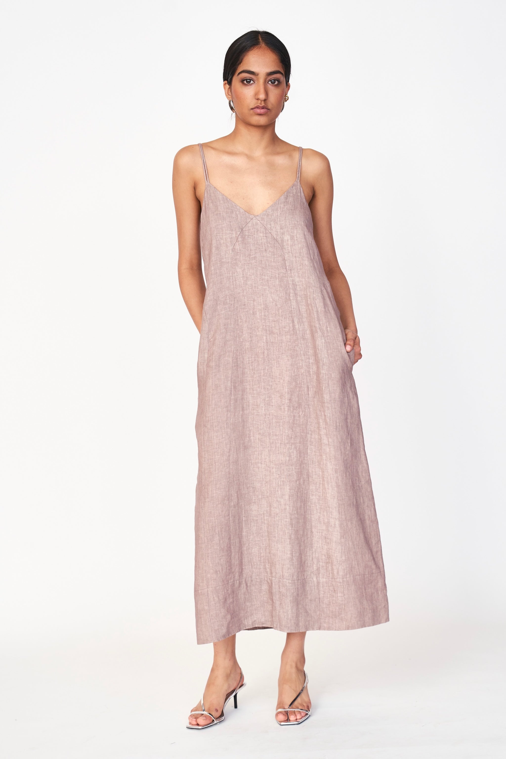 Dress in Mushroom Linen deep V neckline