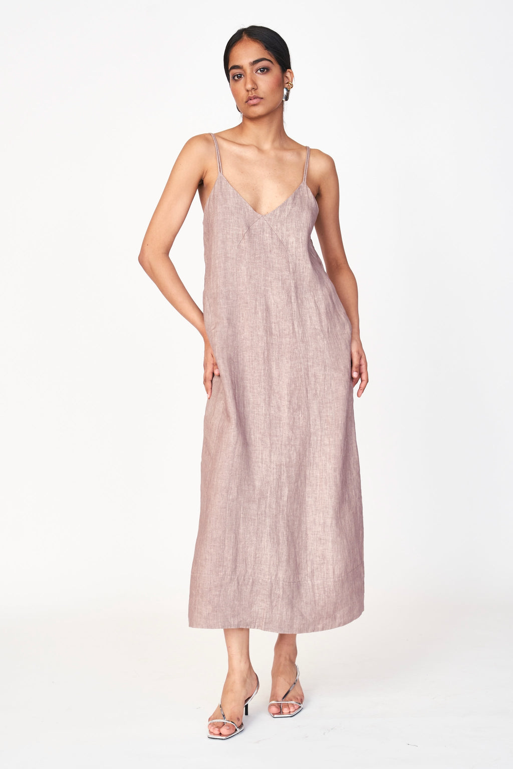 Dress in Mushroom Linen deep V neckline