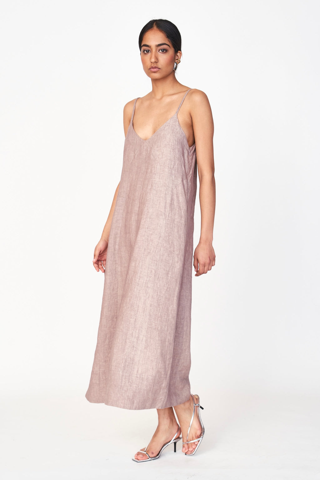 Dress in Mushroom Linen deep V neckline