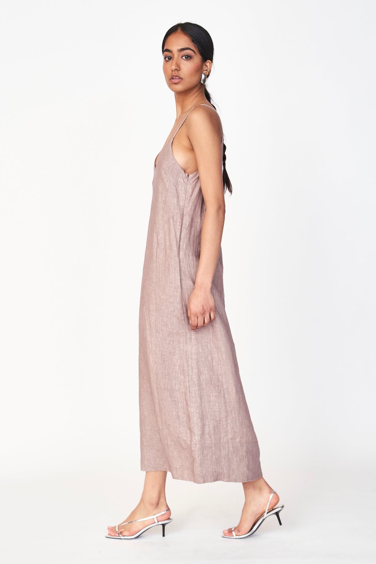 Dress in Mushroom Linen deep V neckline