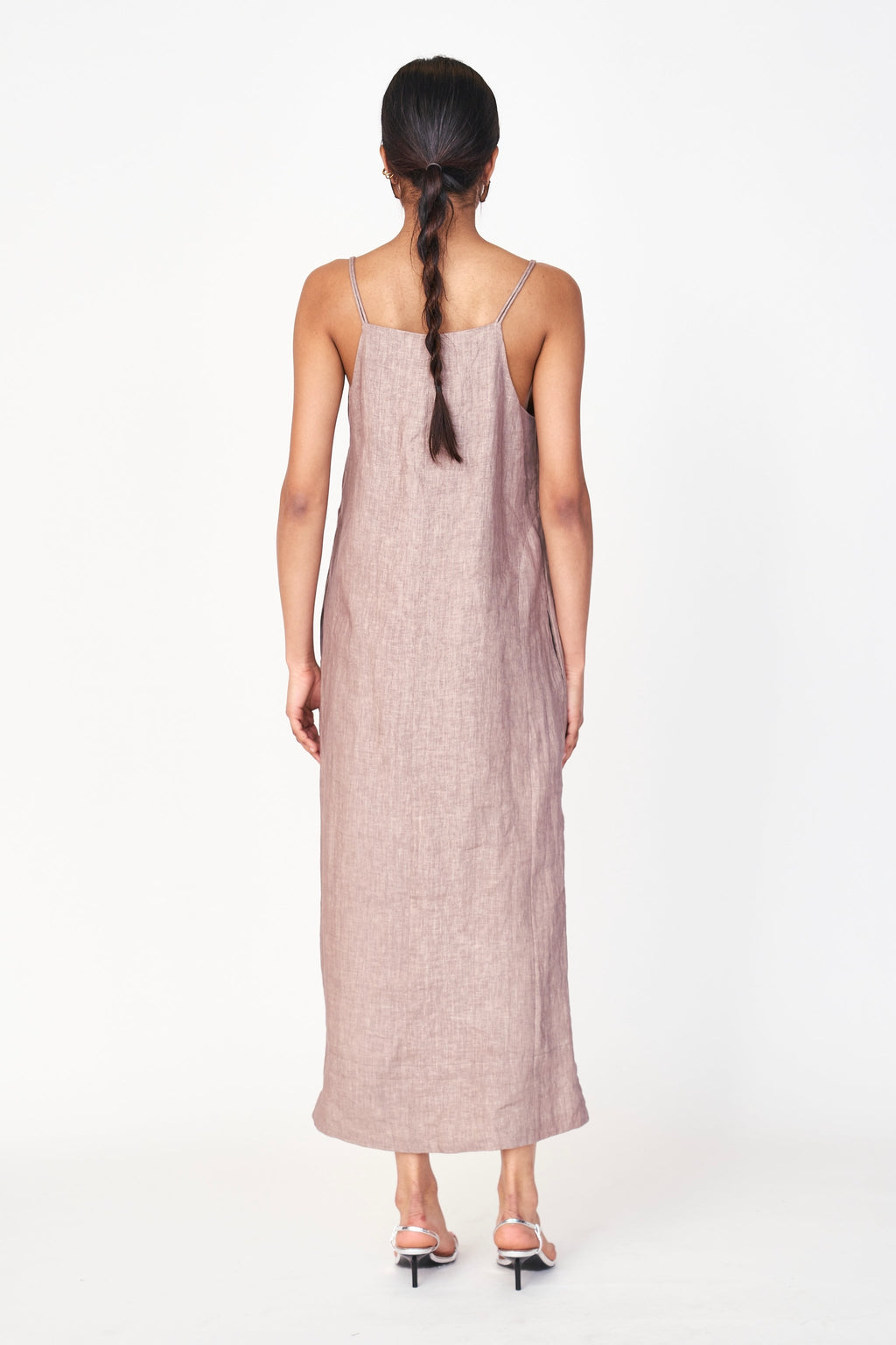 Dress in Mushroom Linen deep V neckline