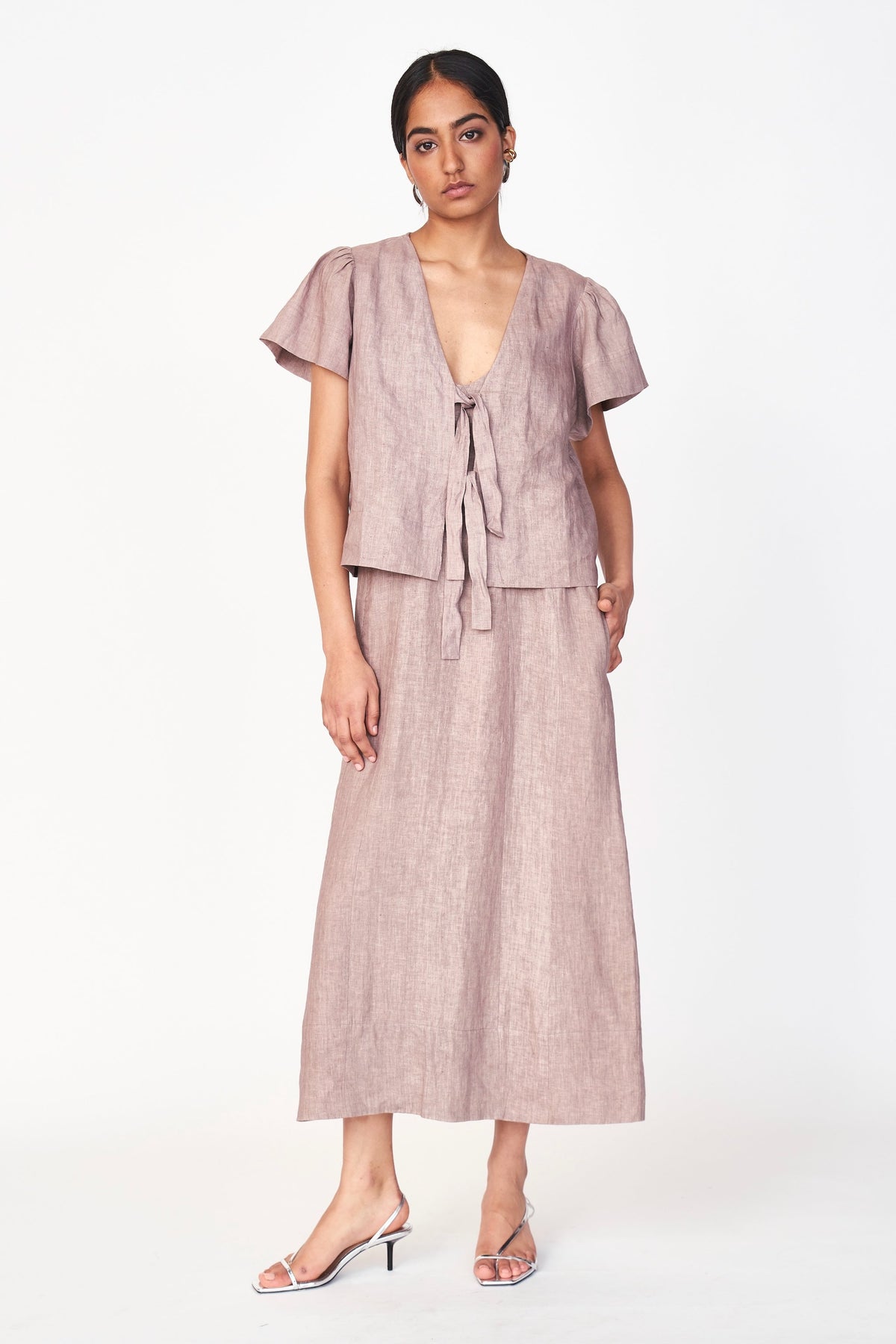 Dress in Mushroom Linen deep V neckline