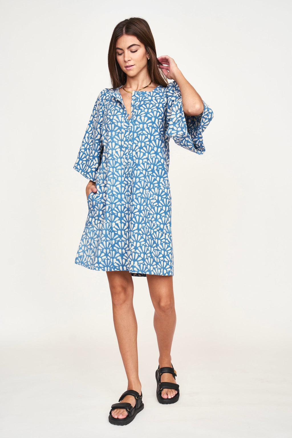 Short Dress in Trellis in Indigo