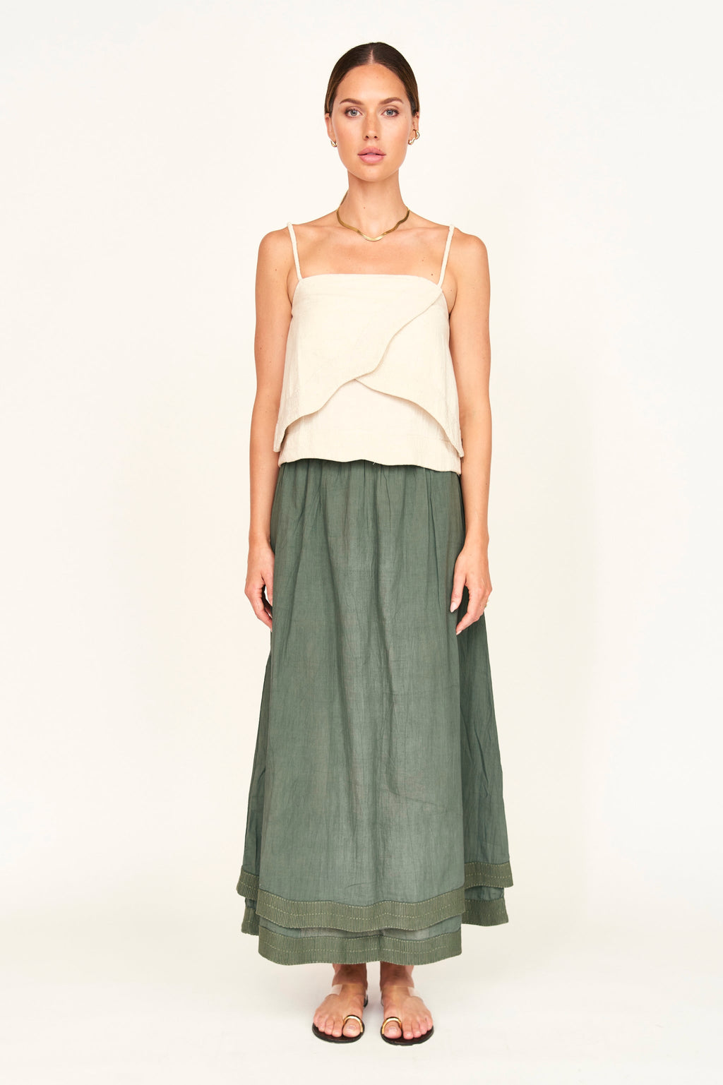 Tank in Oat Fossil linear embroidery