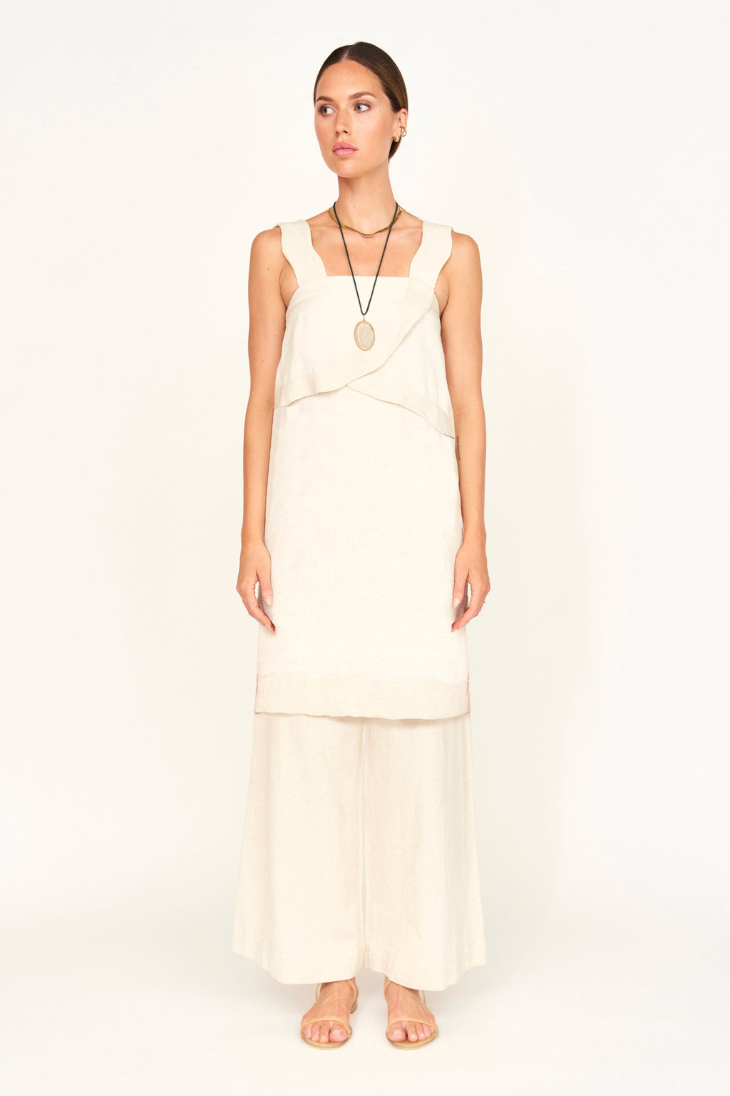 Cotton flax Short Dress in Oat Fossil