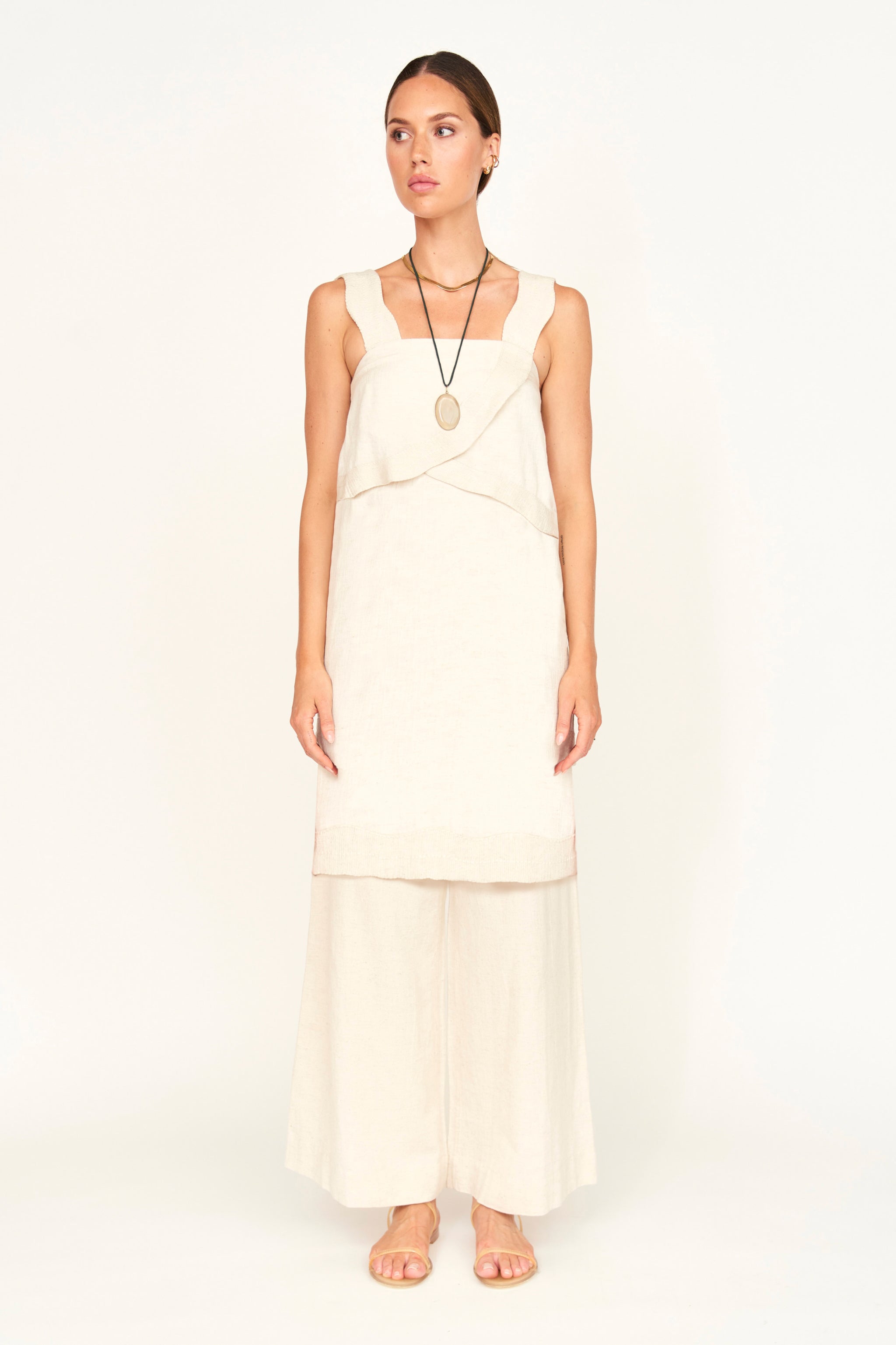 Cotton flax Short Dress in Oat Fossil