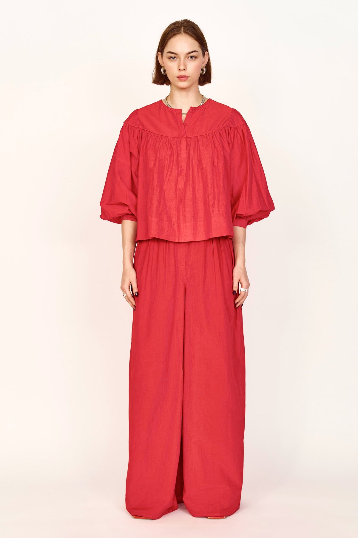 Gathered blouse with front half placket