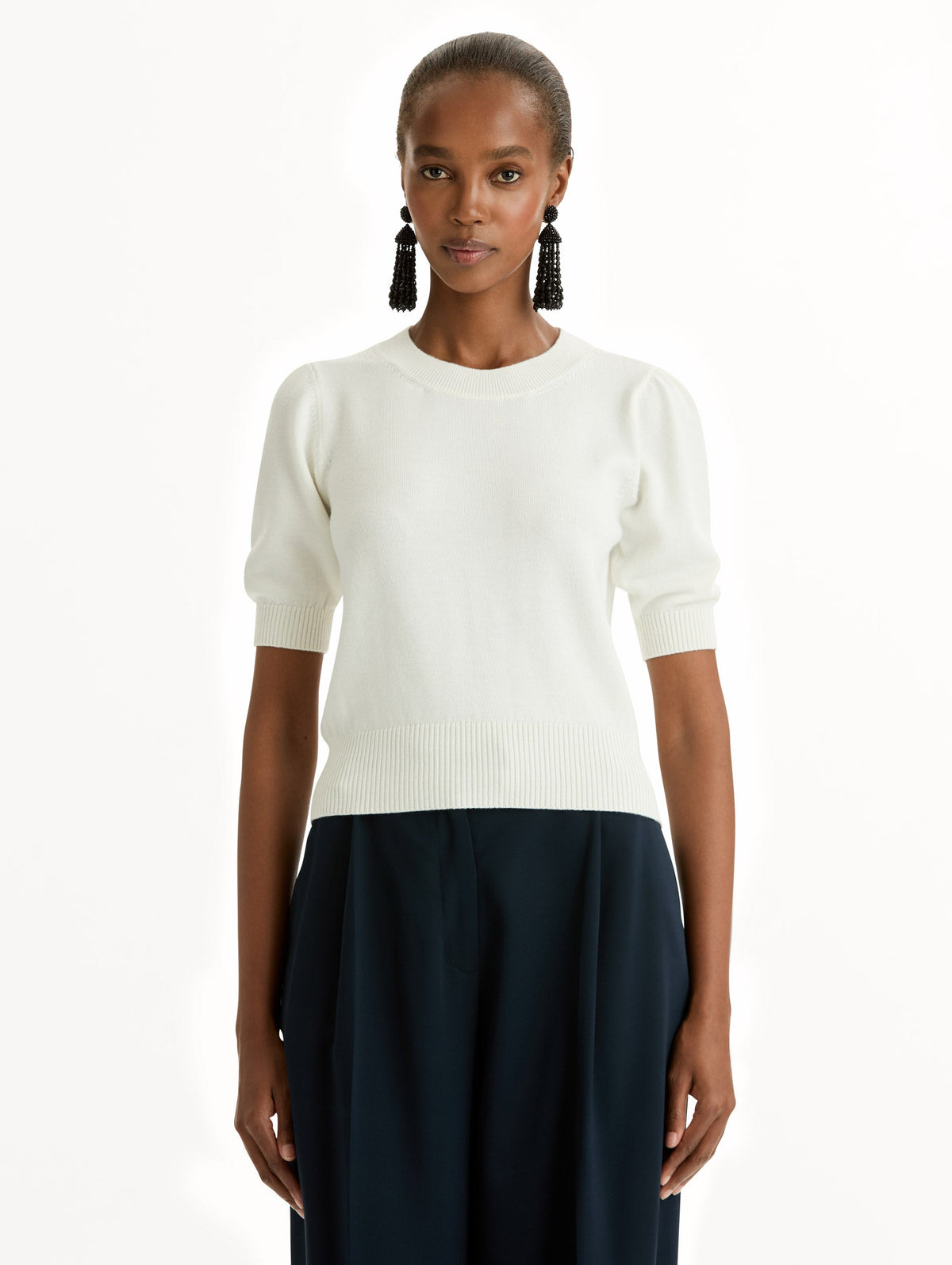 Cream Ribbed Short-Sleeve Sweater