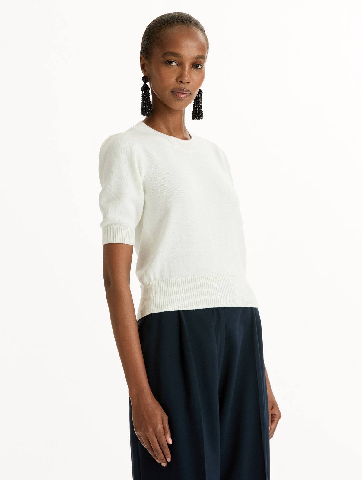 Cream Ribbed Short-Sleeve Sweater