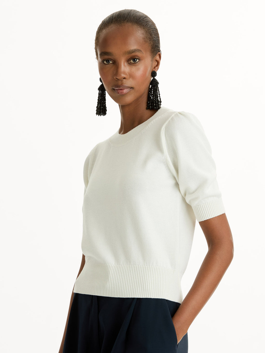 Cream Ribbed Short-Sleeve Sweater