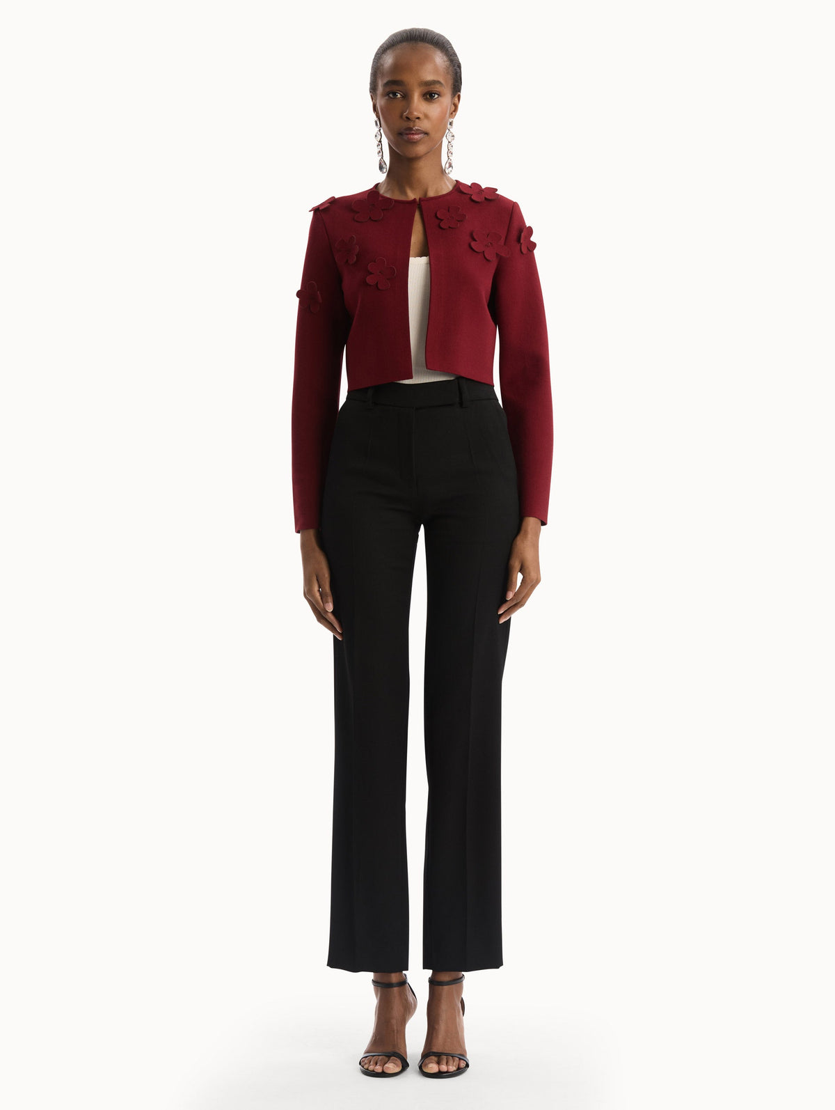 Red Appliqué Floral Crop Cardigan