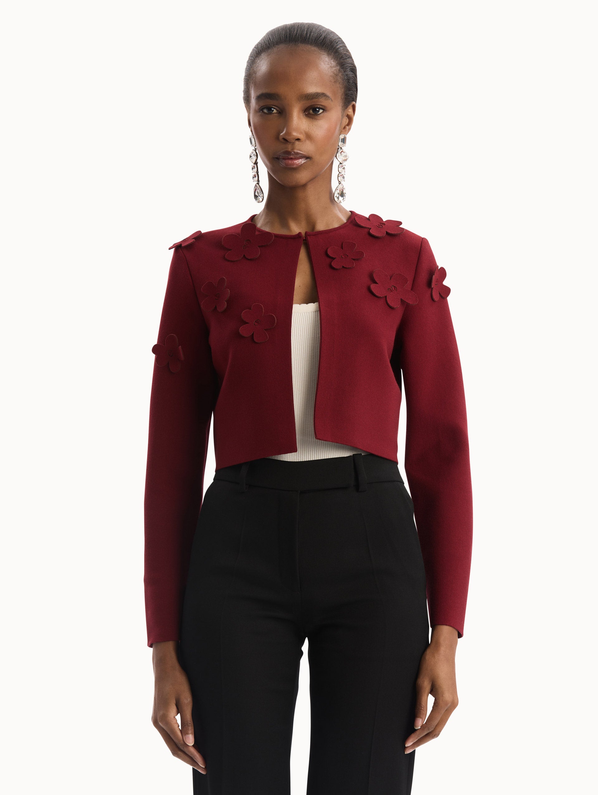Red Appliqué Floral Crop Cardigan