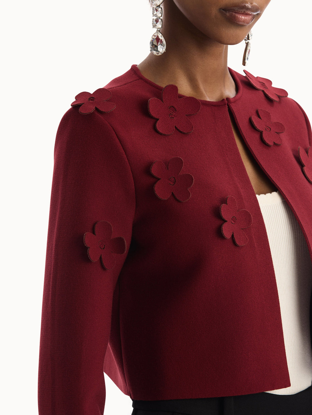 Red Appliqué Floral Crop Cardigan
