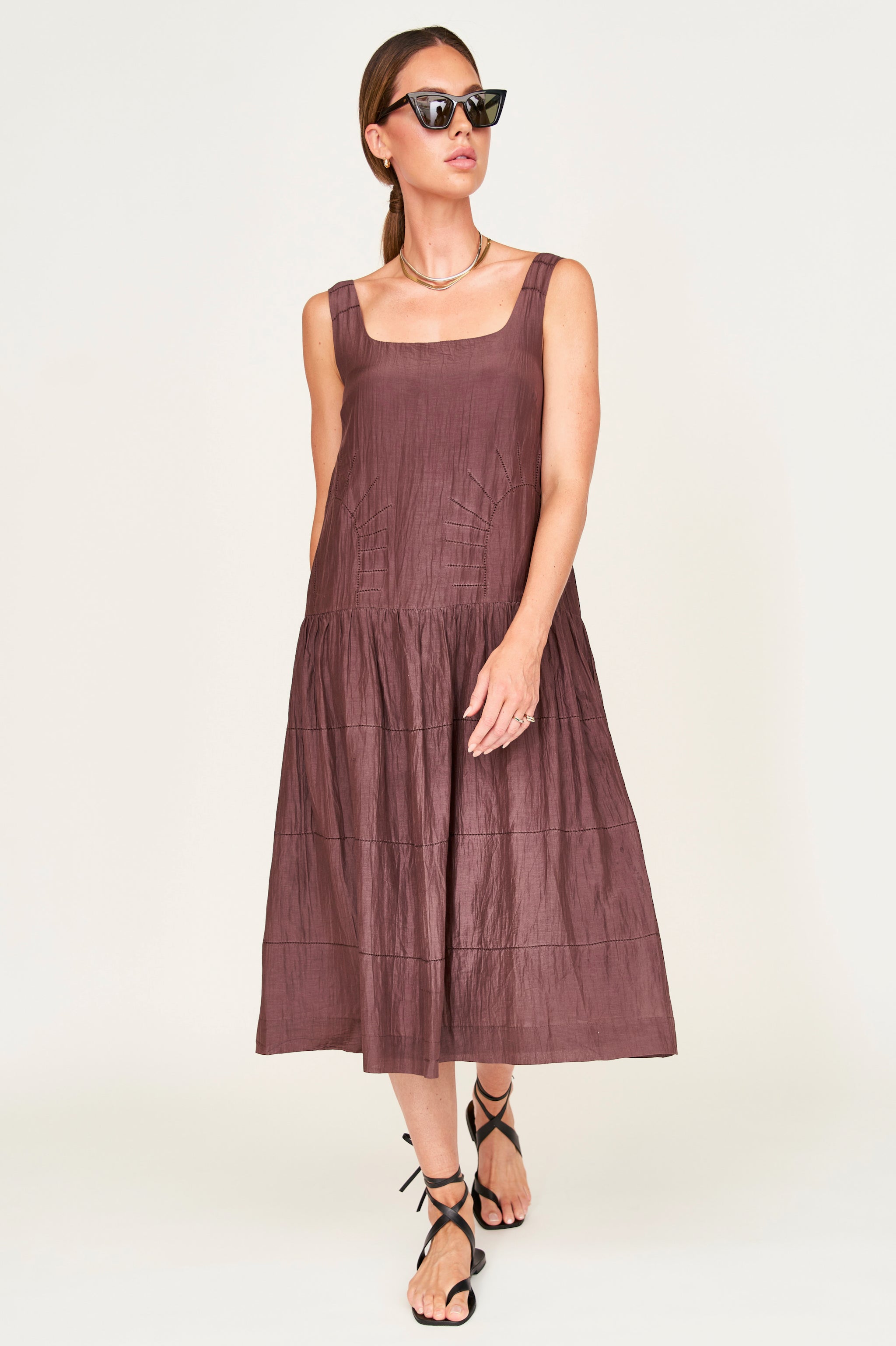 Drop waist low back high ankle length dress