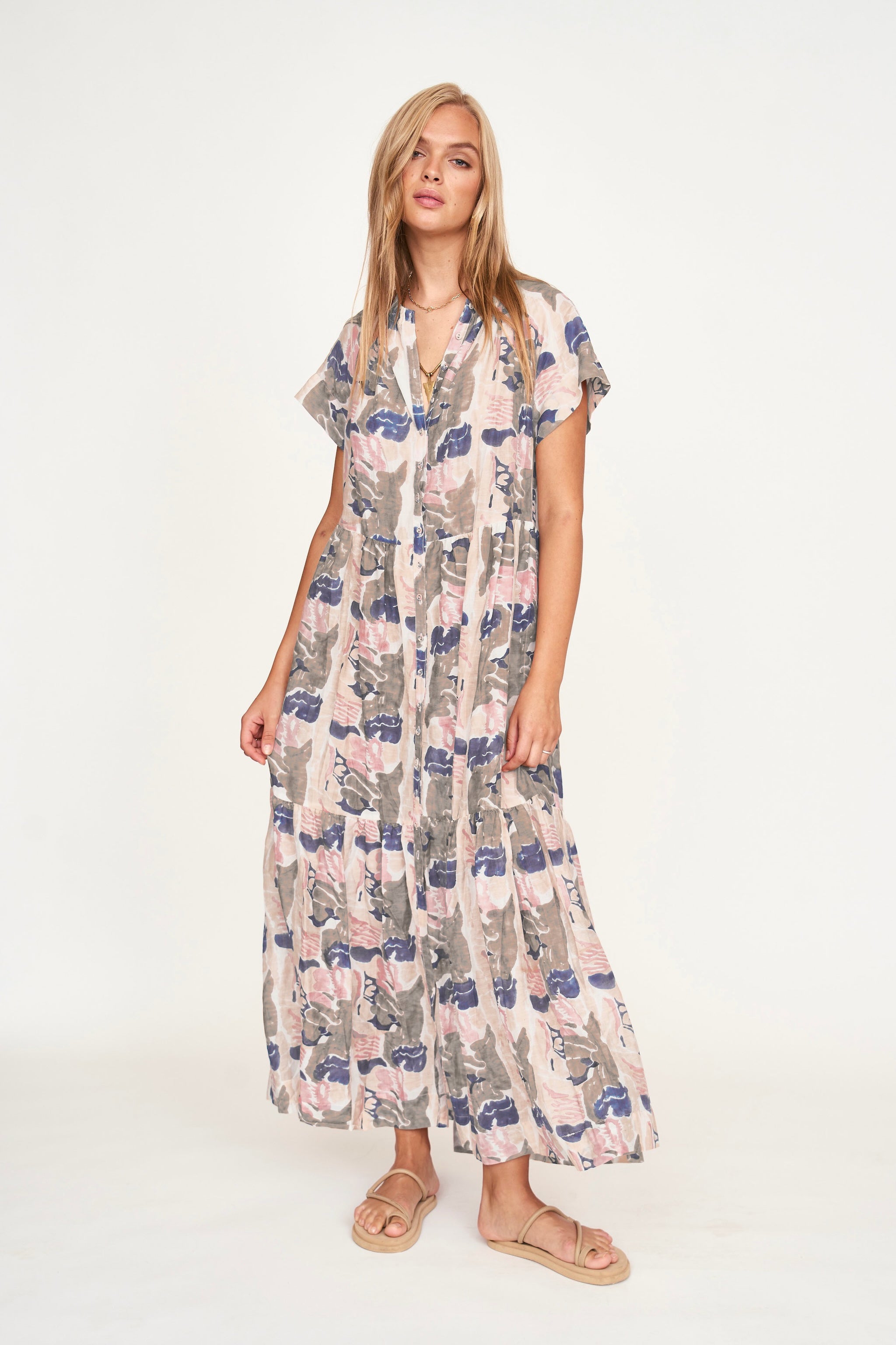 Tiered maxi Dress in front button placket