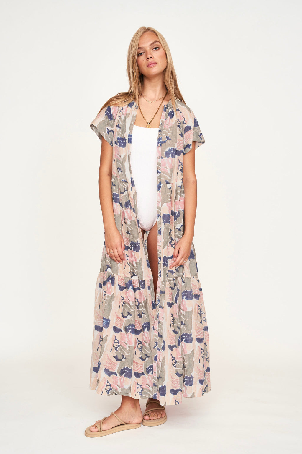 Tiered maxi Dress in front button placket