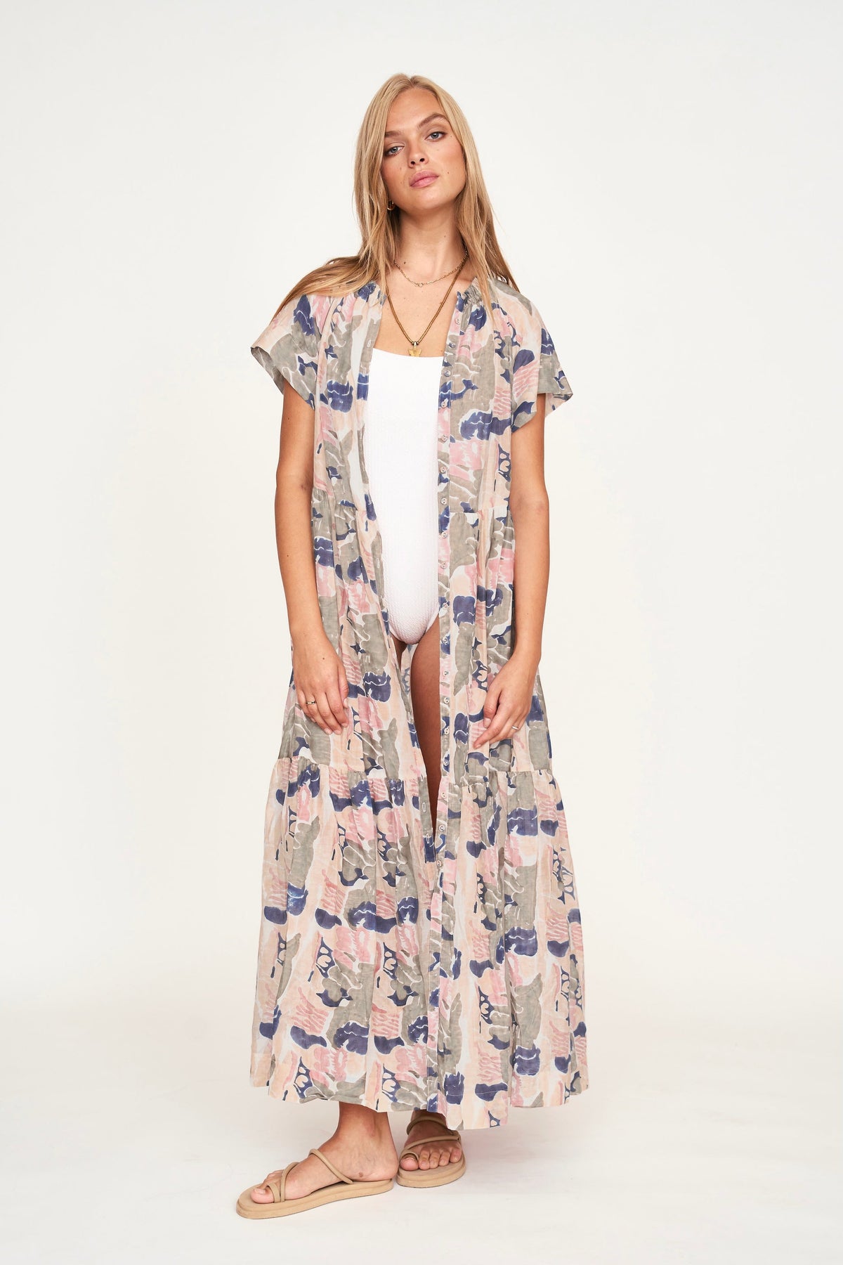 Tiered maxi Dress in front button placket