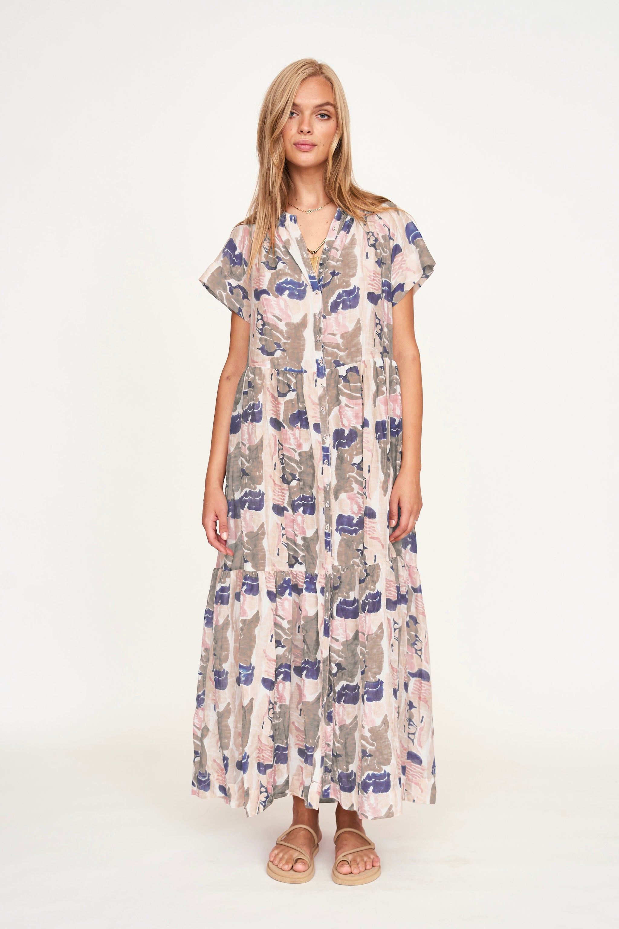 Tiered maxi Dress in front button placket