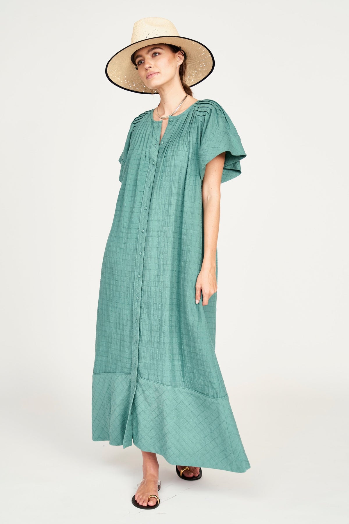 Pintuck Dress in Teal Stitch