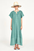 Pintuck Dress in Teal Stitch