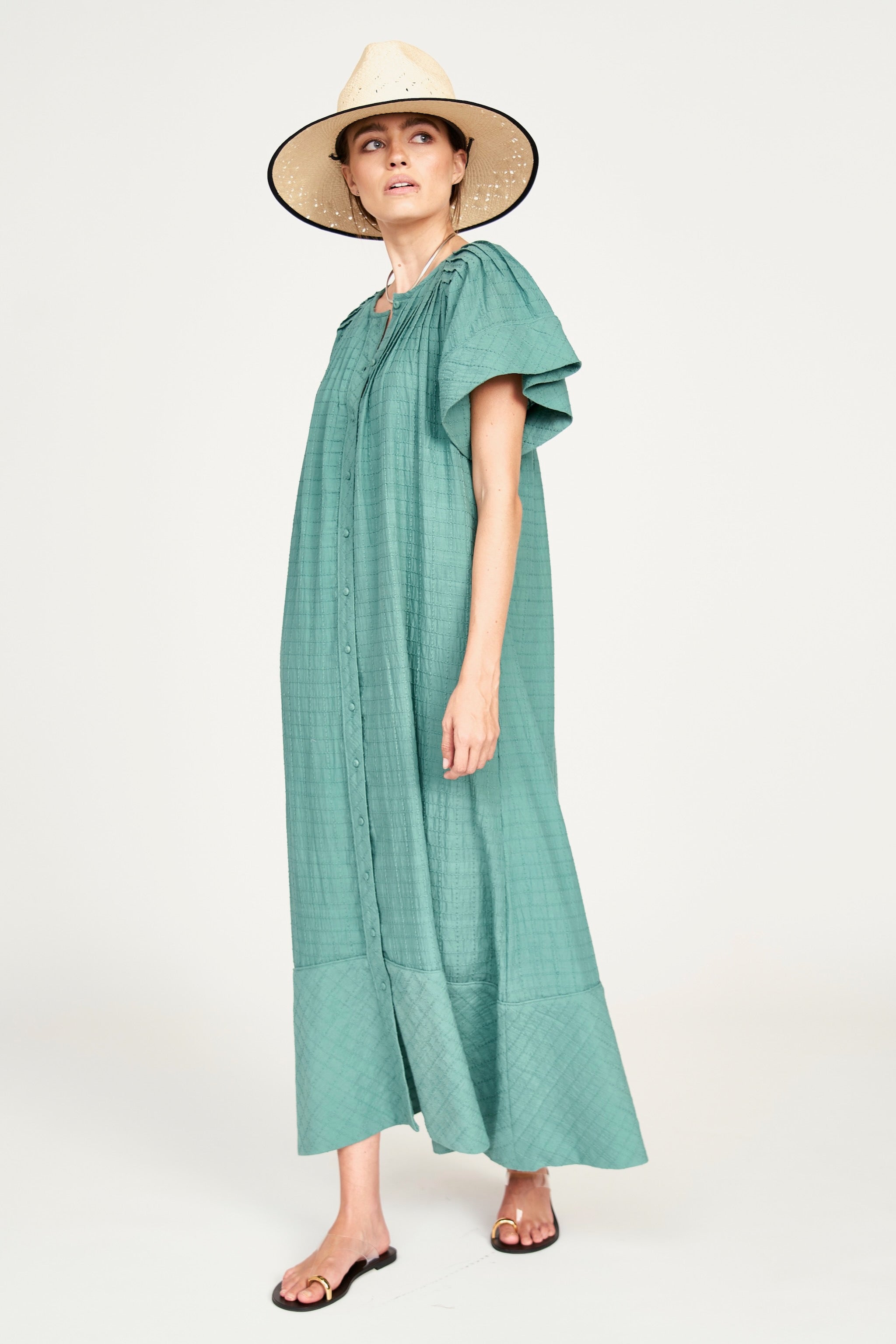 Pintuck Dress in Teal Stitch