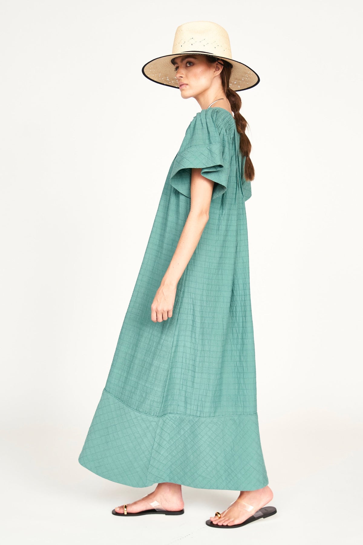 Pintuck Dress in Teal Stitch