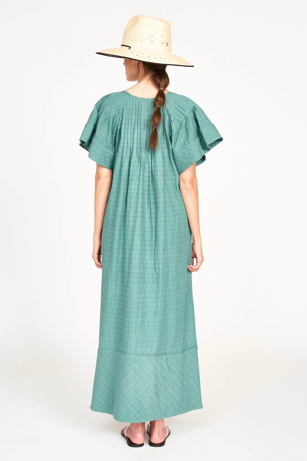 Pintuck Dress in Teal Stitch