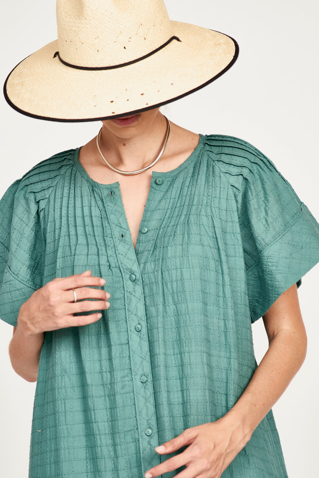 Pintuck Dress in Teal Stitch