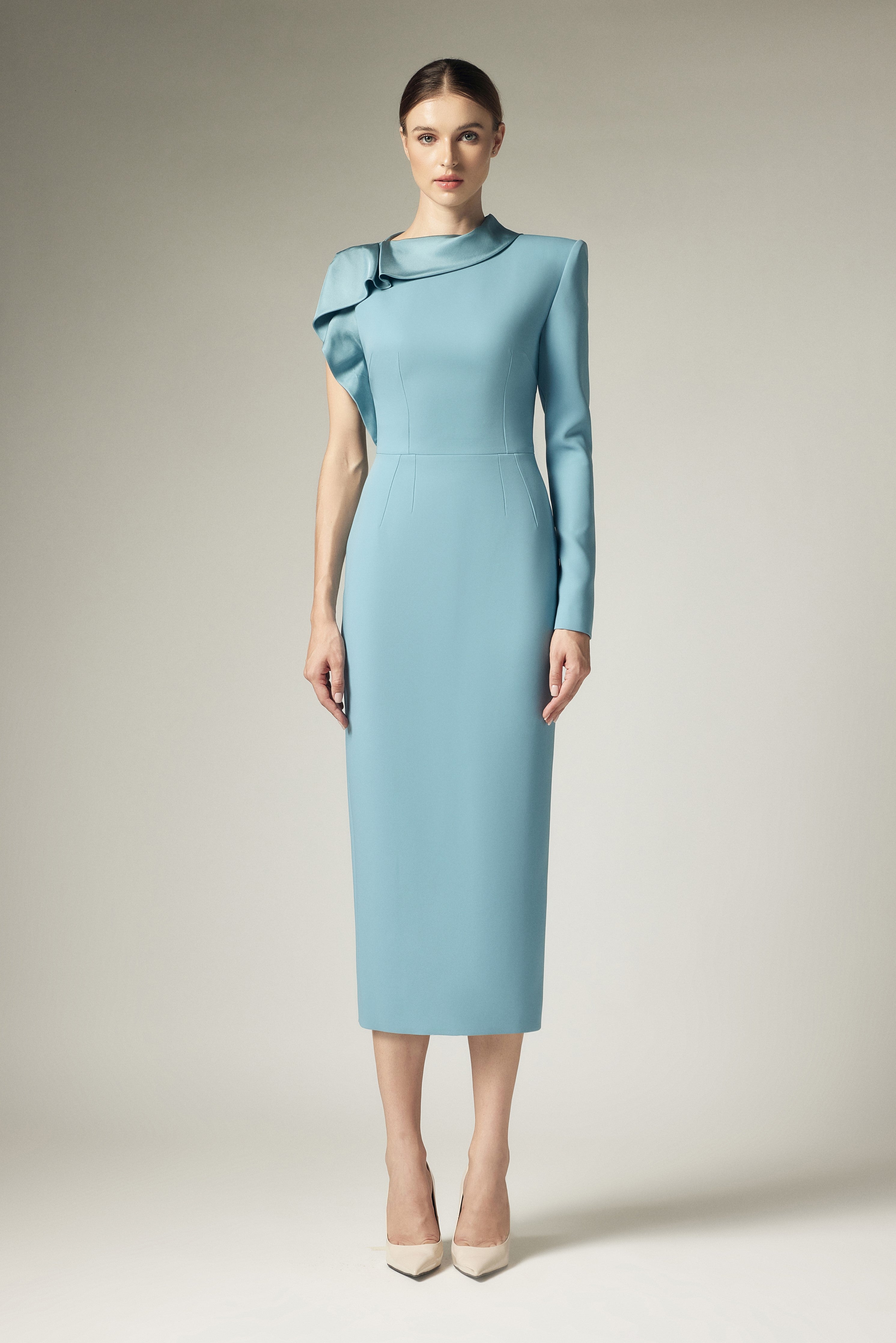 Slanted shoulder lotus leaf edge dress