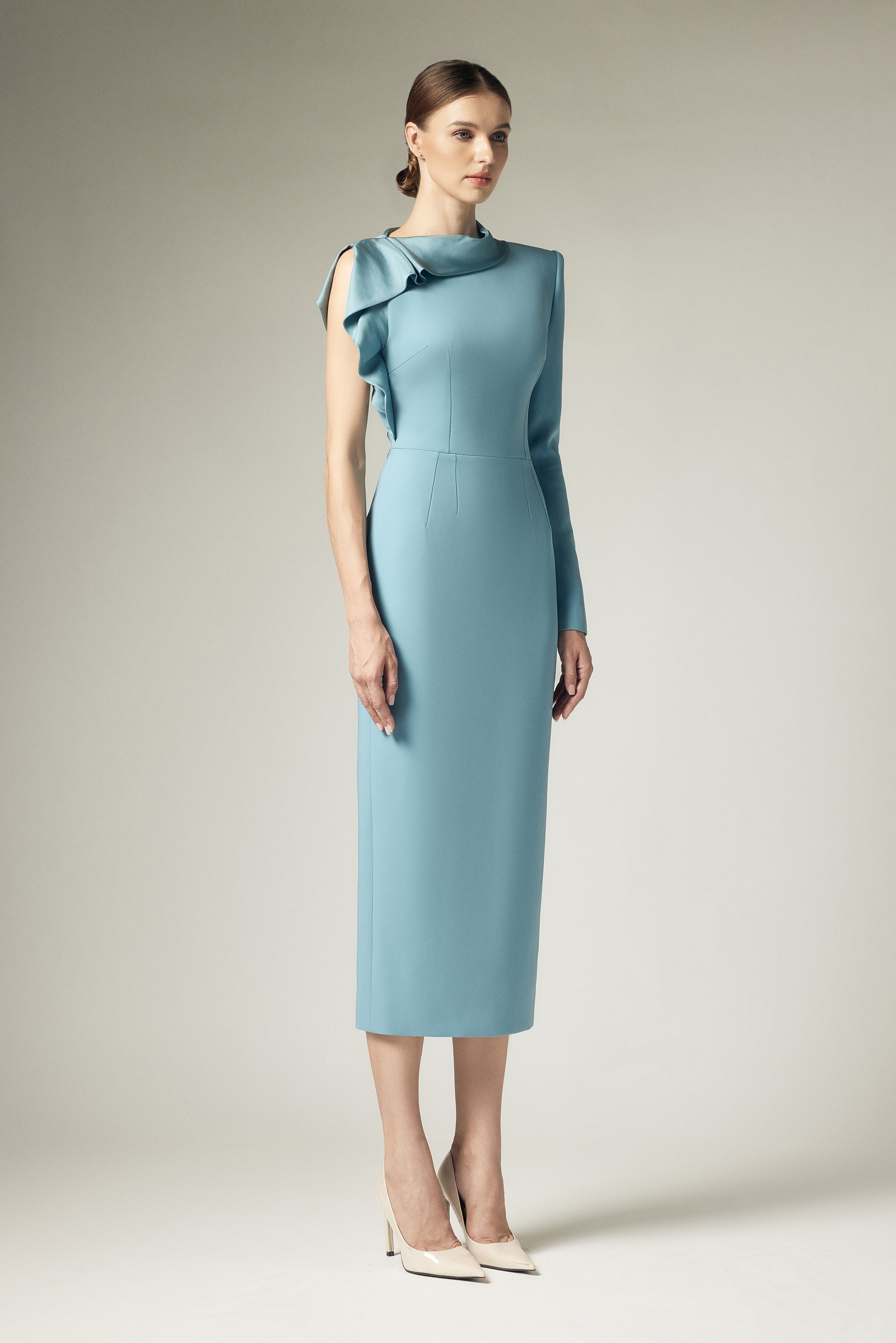 Slanted shoulder lotus leaf edge dress