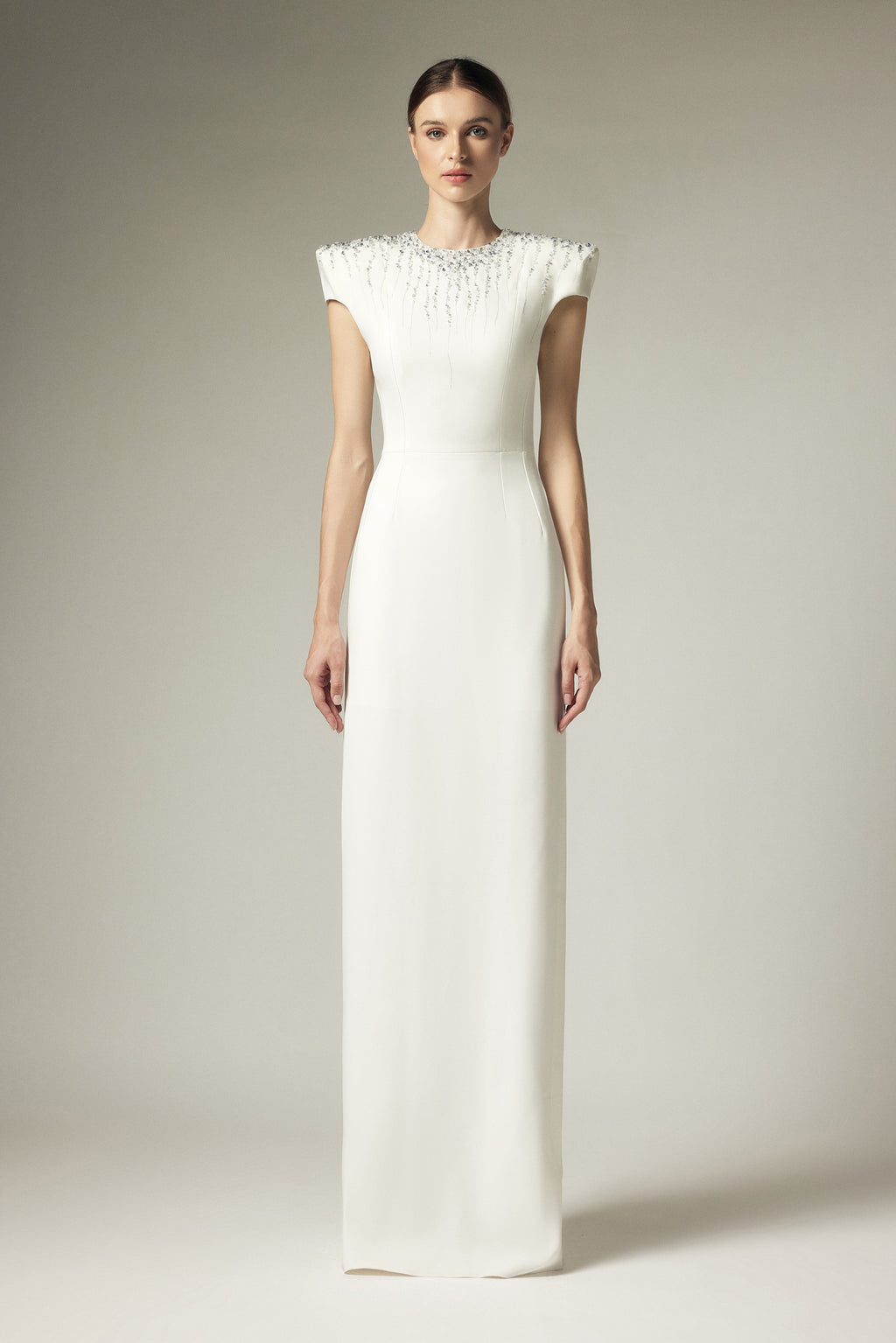 Broken diamond right shoulder dress