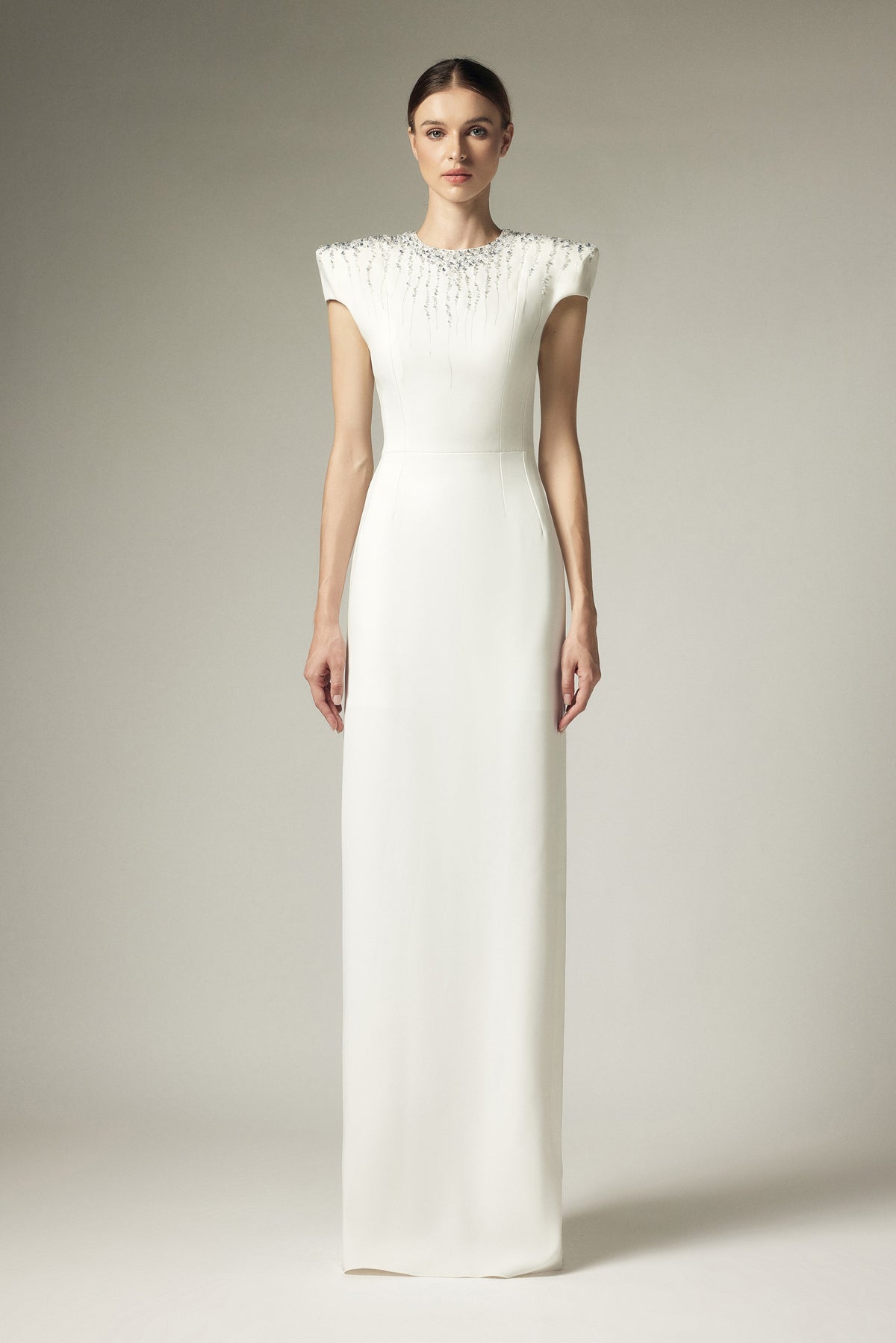 Broken diamond right shoulder dress