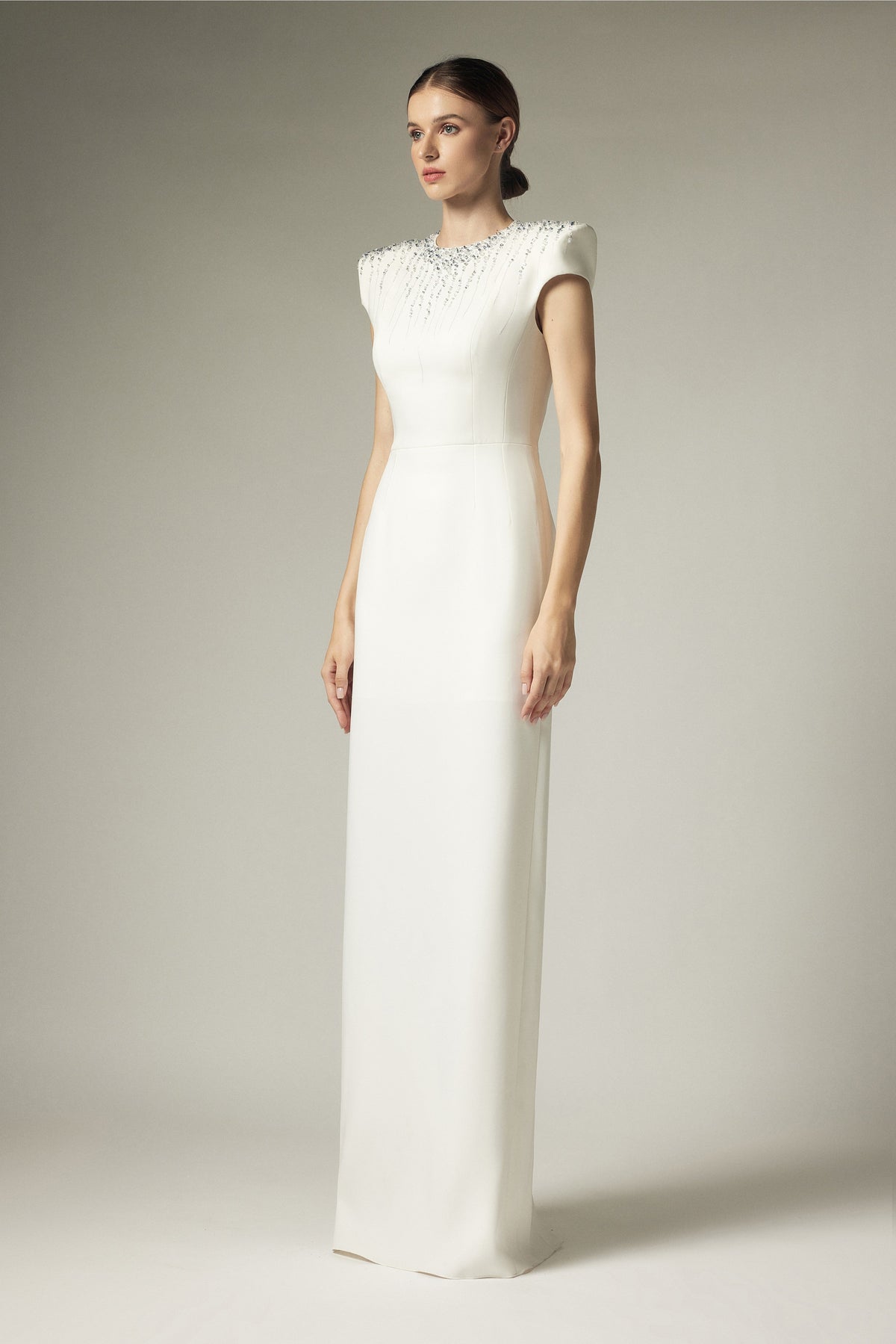Broken diamond right shoulder dress