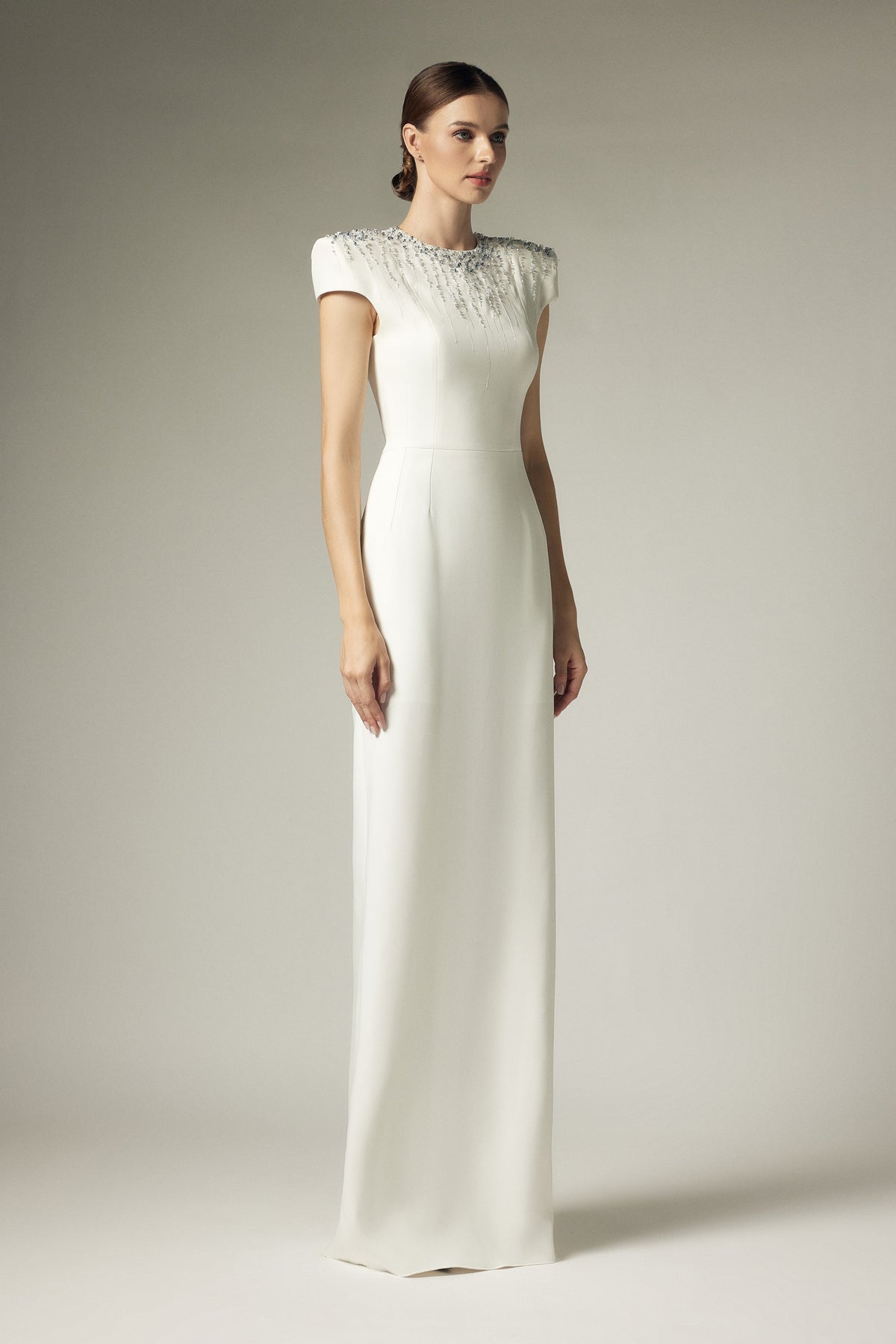 Broken diamond right shoulder dress
