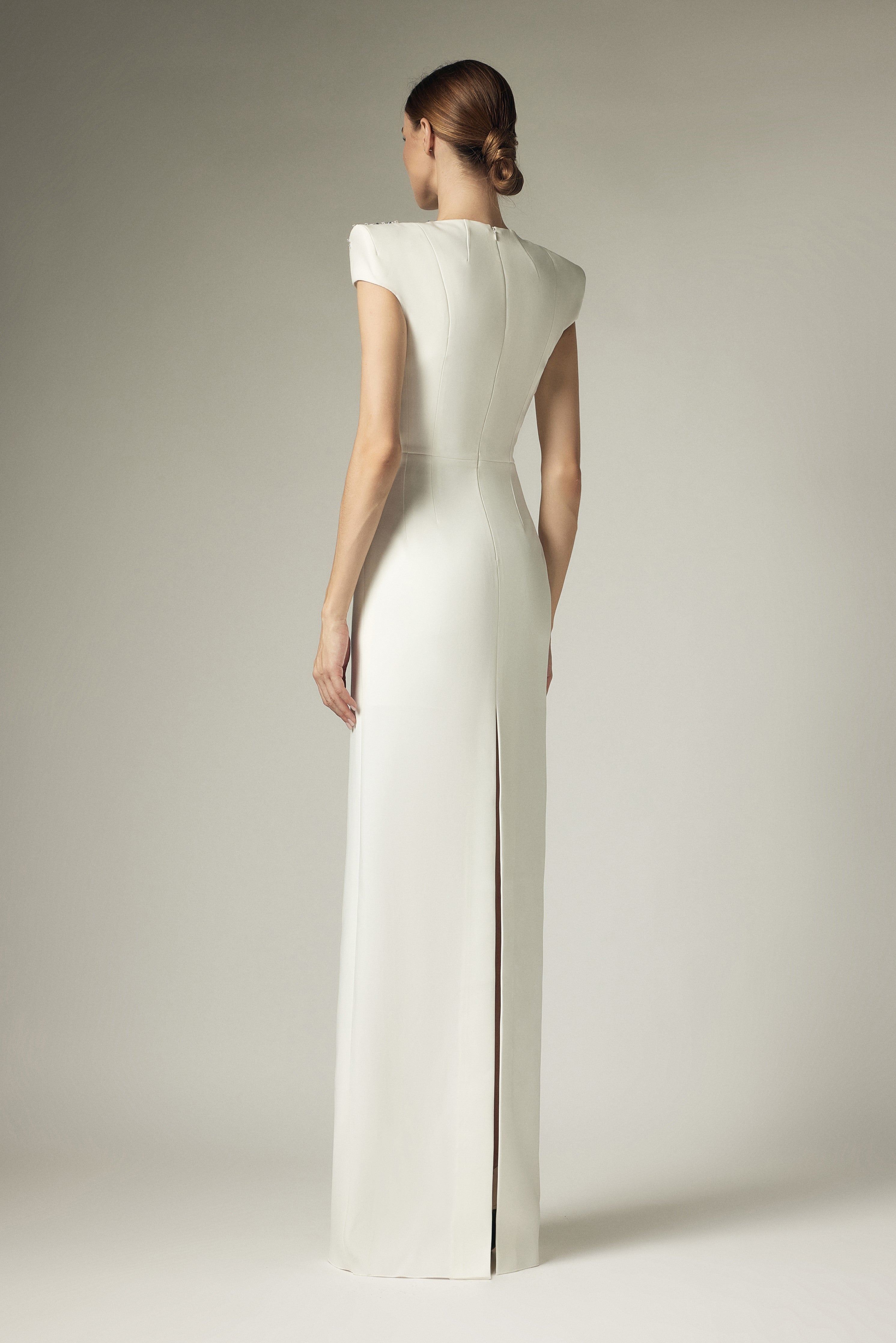 Broken diamond right shoulder dress