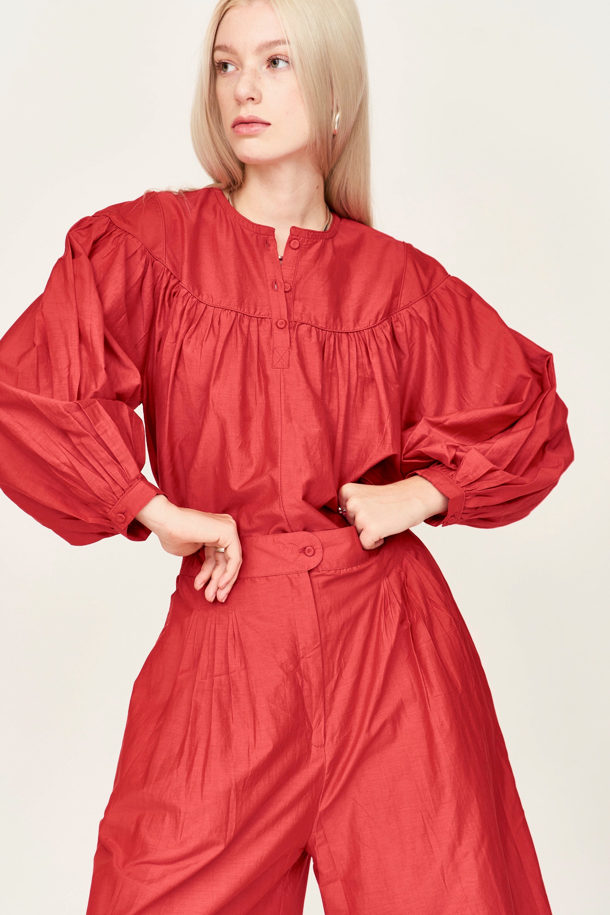 Gathered blouse with front half placket