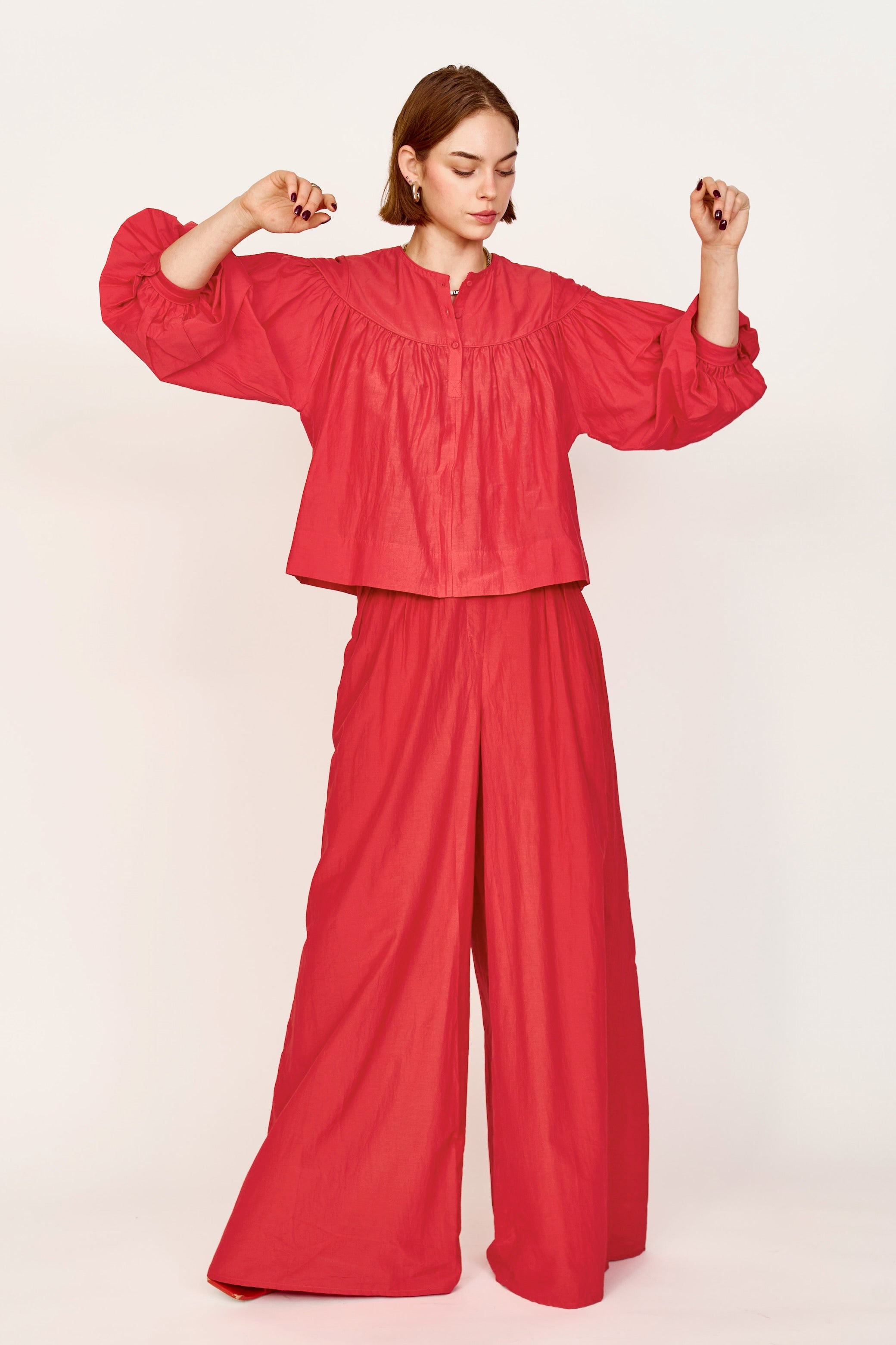 Gathered blouse with front half placket